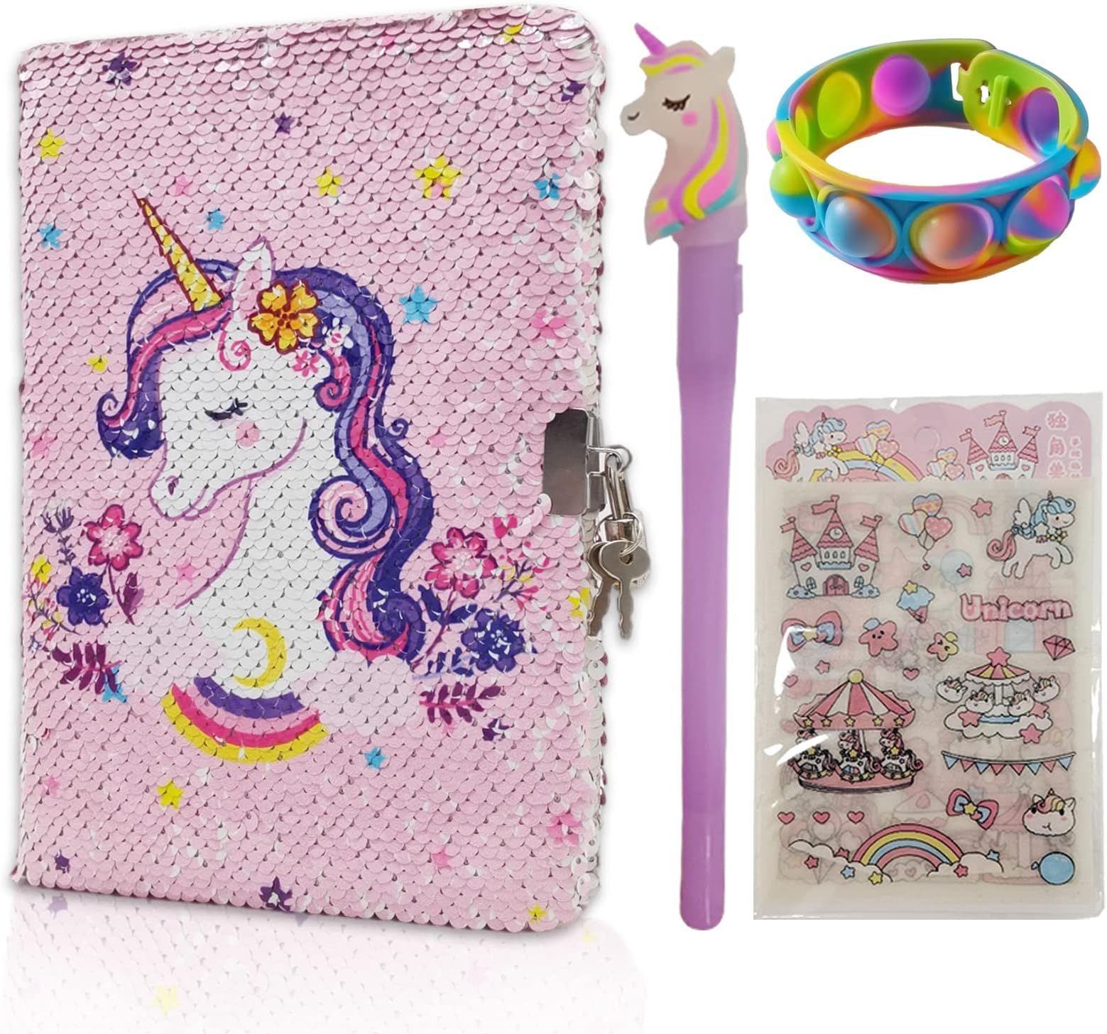 ECOFANO Unicorn Diary with Lock for Girls-Lock Diary Journal for Girls, Kids Diary Journal Notebook with Lock,Unicorn Pen ,Stickers,Girls Bracelet, Girls Diary Gifts for 7 8 9 10 12 Year Old Girls