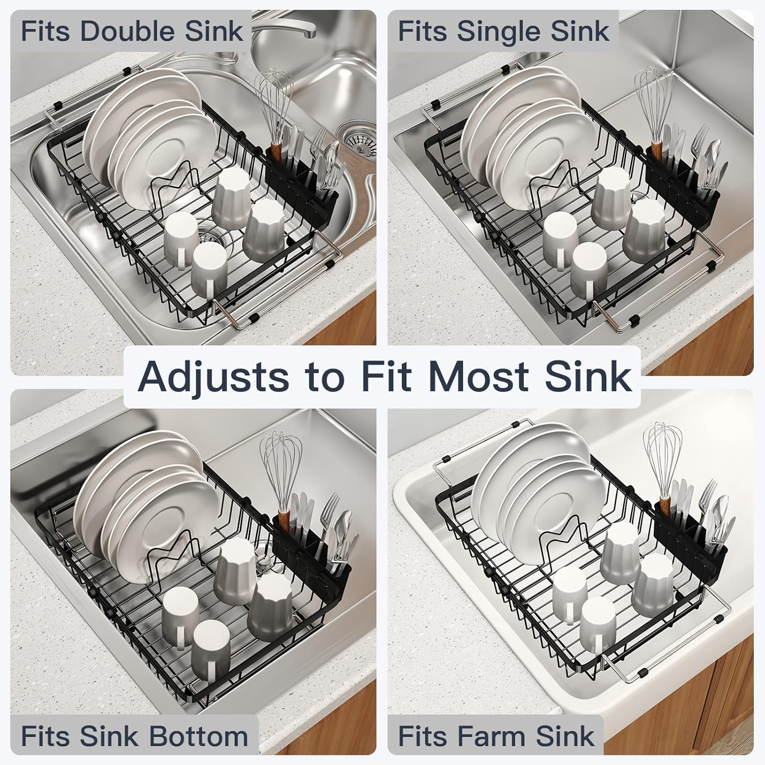 Small Expandable Over The Sink Dish Drainer Drying Rack In Stainless Steel Metal For Kitchen, Counter Space Saving Compact Above Plate Dryer Strainer, Adjustable Hanging Inside Sink Wire Drain Holder Black In Sink Expandable