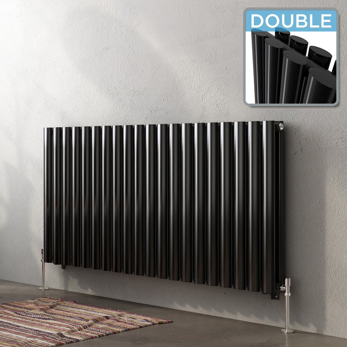 iBathUK Strata Wall-Mounted Horizontal Double Oval Panel Radiator, 20 Column Steel High Thermal Output Hydronic Central Heating, Designer Modern Radiator in Gloss Black, 600 × 1180mm — image 1