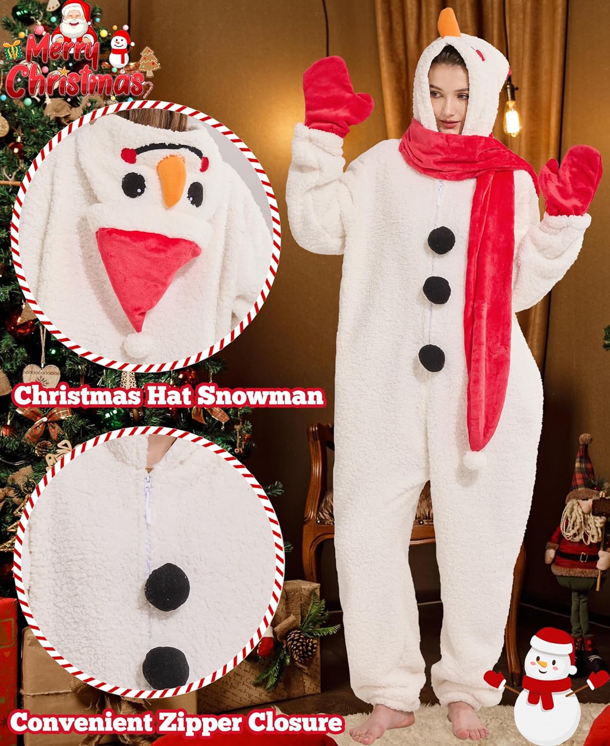 Kidukso Adorable Snow Onesie Pajamas Adult Unisex Fleece Christmas Costume Set Halloween Cosplay Costume Dress Up Party - Image 4