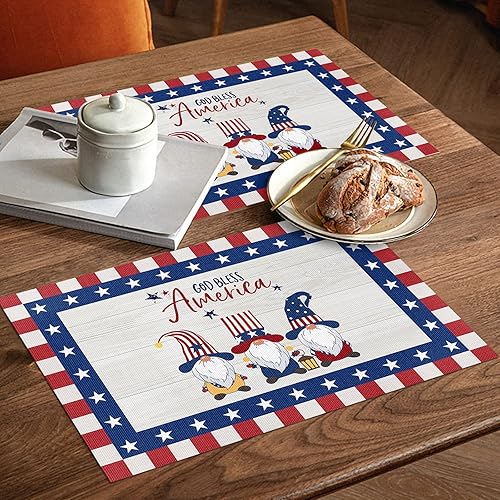Miniatura 3 de Juego de 6 manteles individuales del 4 de julio, manteles individuales de PVC lavables, manteles individuales de vinilo tejido de gnomo del día de