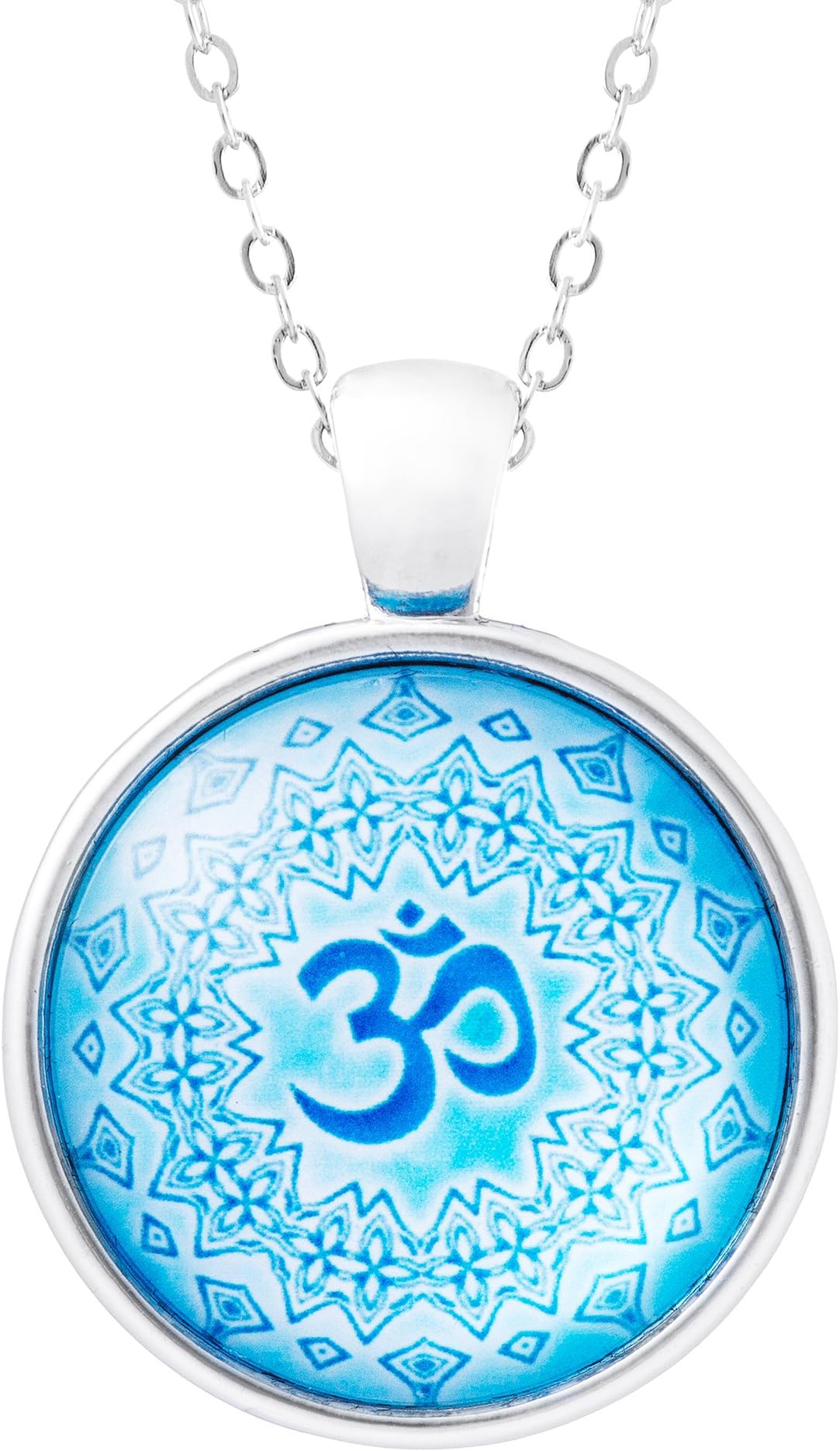 Klimisy - Blue Om Mandala - Pendant Necklace with Art Picture - Yoga Glass Charm on Elegant Adjustable Chain - Comes in a Beautiful Gift Box
