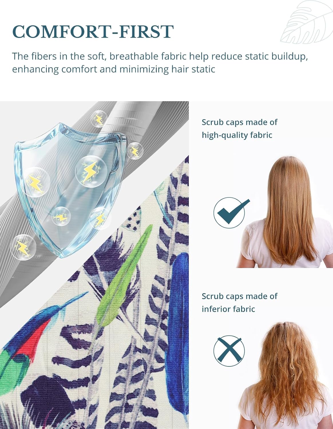 Scrub Caps Women Ponytail, Surgical Hat with Buttons and Sweatband | Double-Sided Printed, Long Hours, Soft Nurse Cap for Long Hair, Fabric Help Reduce Static Buildup, Peacock Feather