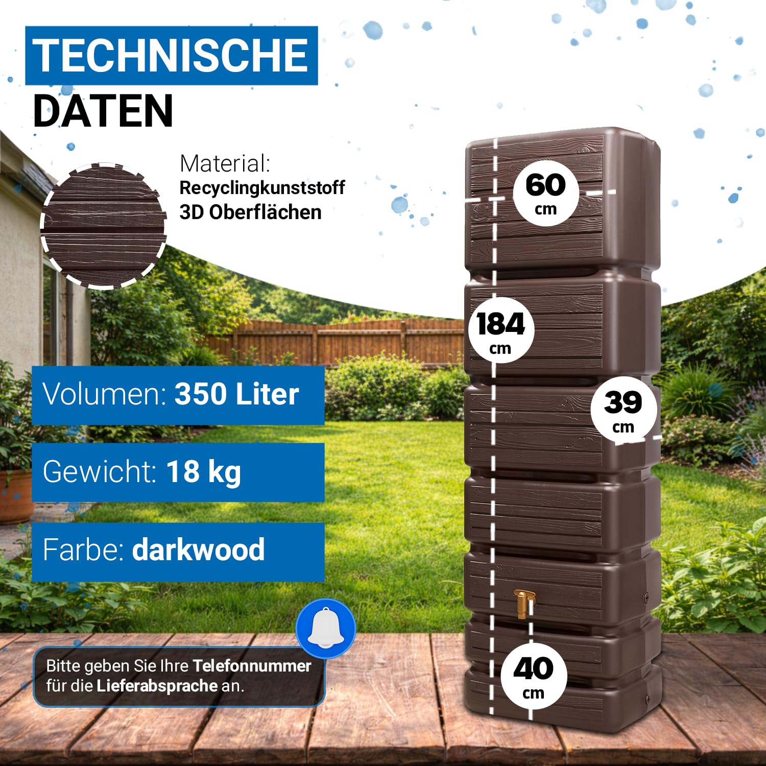 4rain Slim Wood Decor Regentonne 350 Liter Darkwood Wandtank, Wassertank | Regenfass, Regenwassertonne, Regenwassertank, Wasserbehälter, Wasserfass, Wassertonnen für Garten, Wassertonne