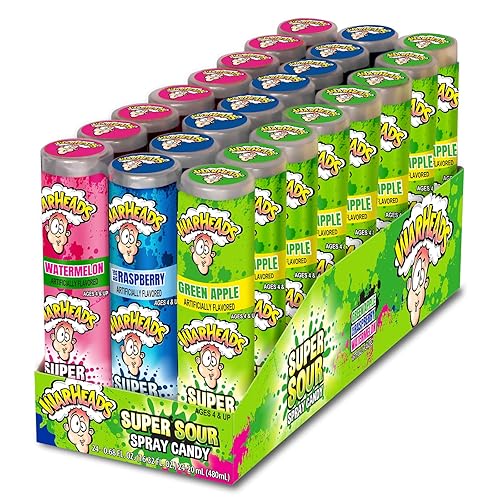 WARHEADS - Super Sour Candy Spray - Blue Raspberry, Green Apple and Watermelon Flavors - 0.68 oz. Bottles - 24 Pack - Pack of 24