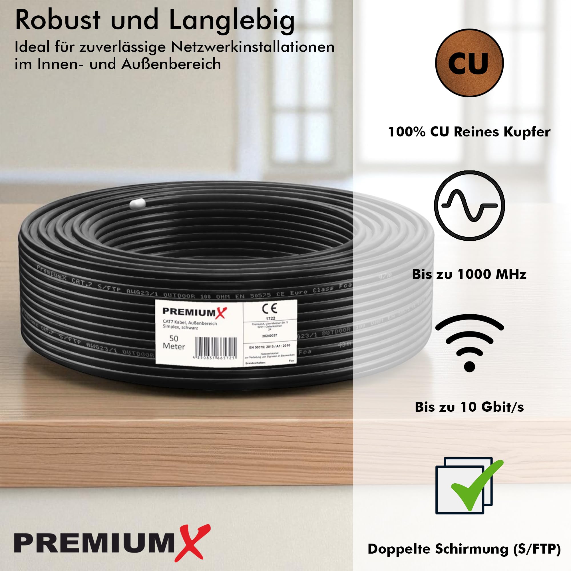 Premium X Cavo di rete CAT 7 per esterni, 50 m, 10 Gbps, cavo dati Ethernet, cavo LAN, per esterni, S/FTP AWG23/1, in rame puro, nero