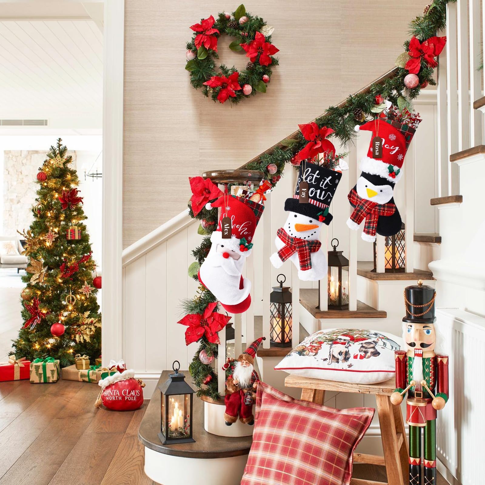 18 Inch Big Christmas Stockings 4-Pack - Burlap Plaid With Faux Fur Cuff, Snowflake Santa Snowman Reindeer - View #8