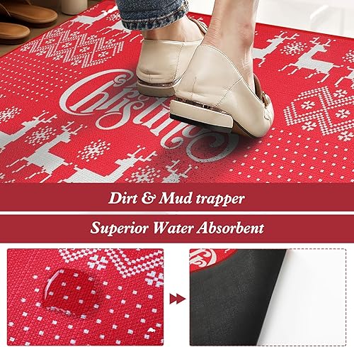 Miniatura 3 de Juego de 2 alfombras de cocina decorativas de Navidad, lavables, antideslizantes, absorbentes de agua, tapetes de baño (rojo y blanco, 17 x 29