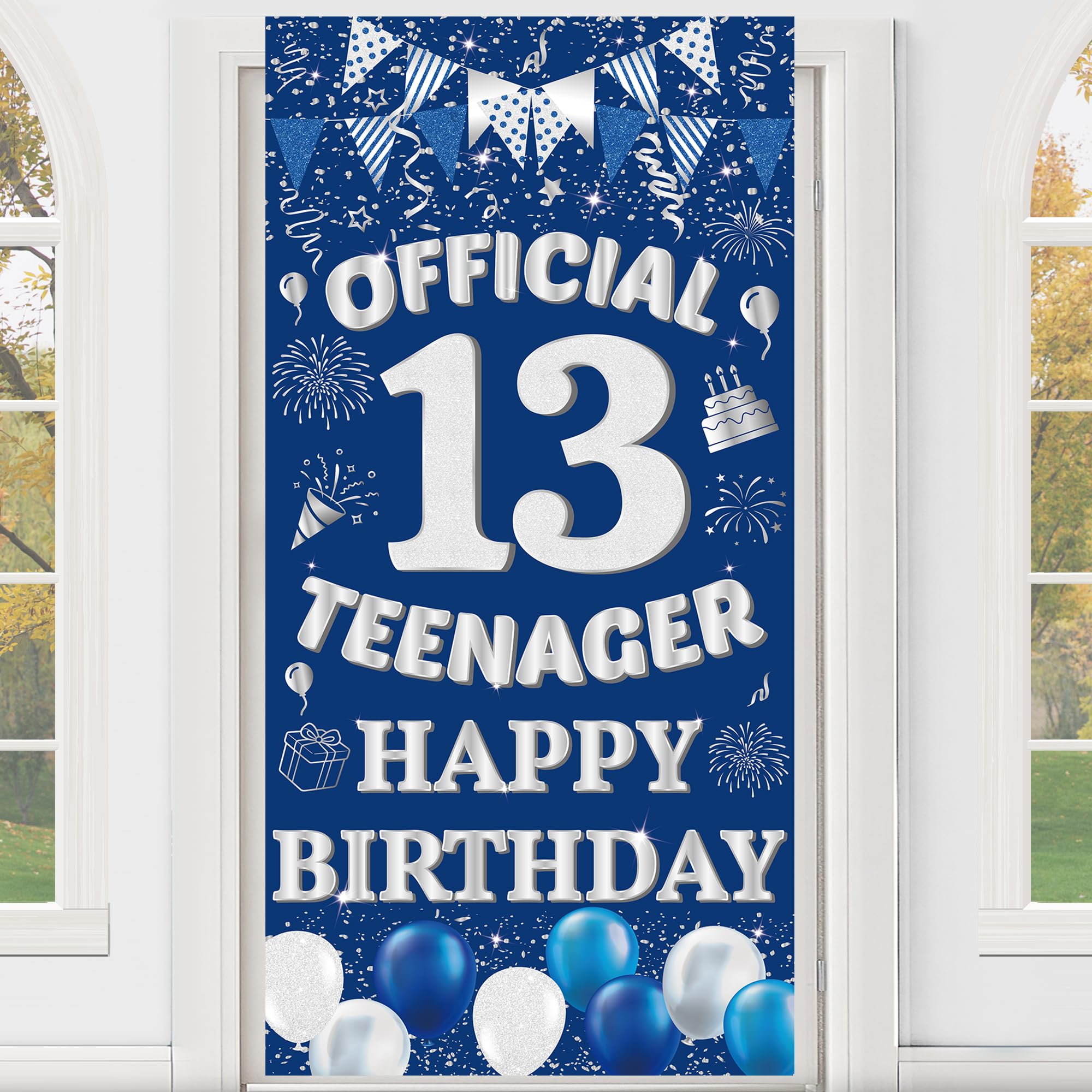 13th Birthday Decorations Banner Boys - Blue Official Teenager Happy Bday Door Banners Backdrop Cloth Party Supplies Photo Backgrounds for Thirteen Year Old Outdoor Indoor Yard Decor 185 X 90 cm