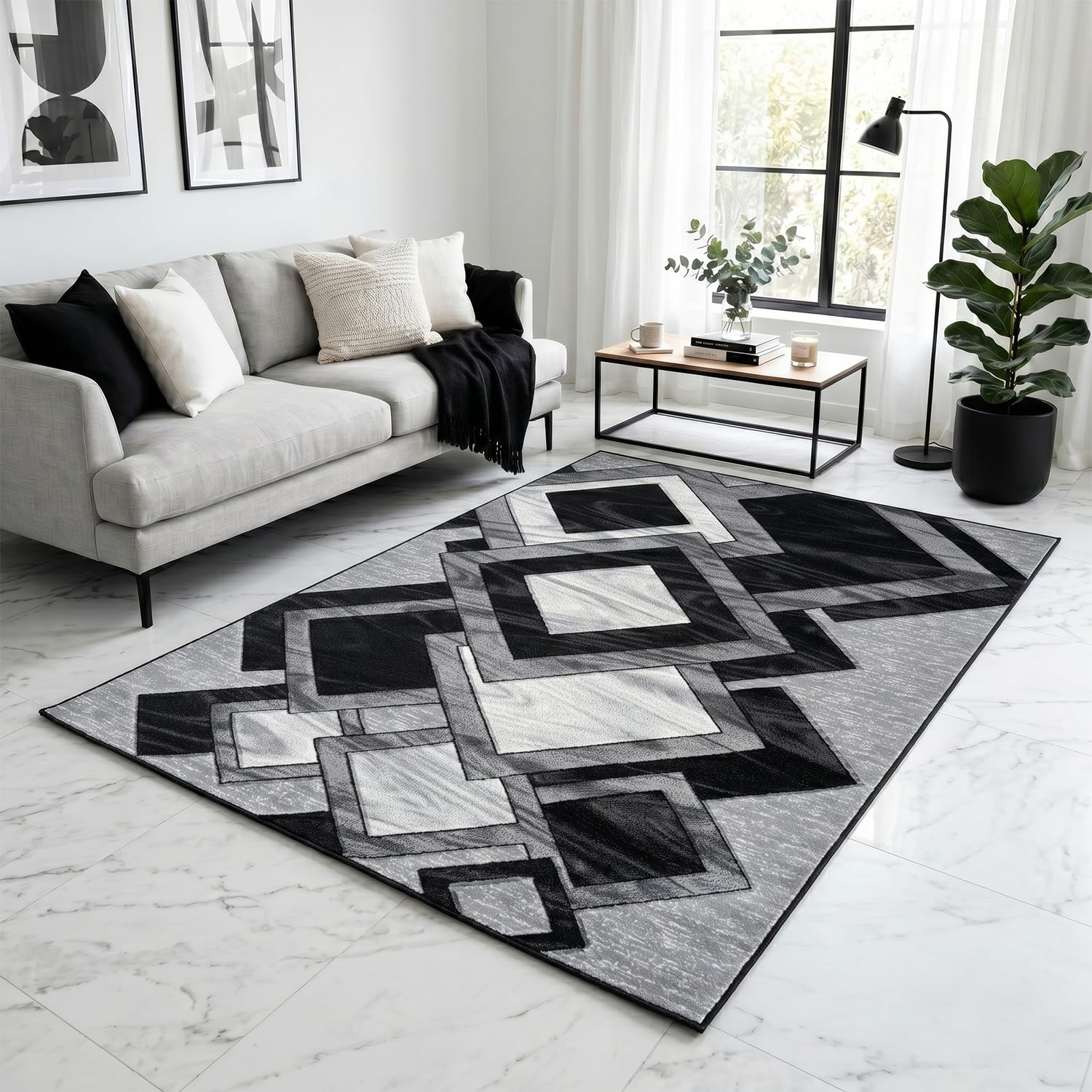 Rugs Haven Dazzling Diamond Large Area Rug Carpet Washable Super Soft Modern Indoor Floor Rug for Living Room, Bedroom, Hallway, Lounge (Black, 160x230 cm)