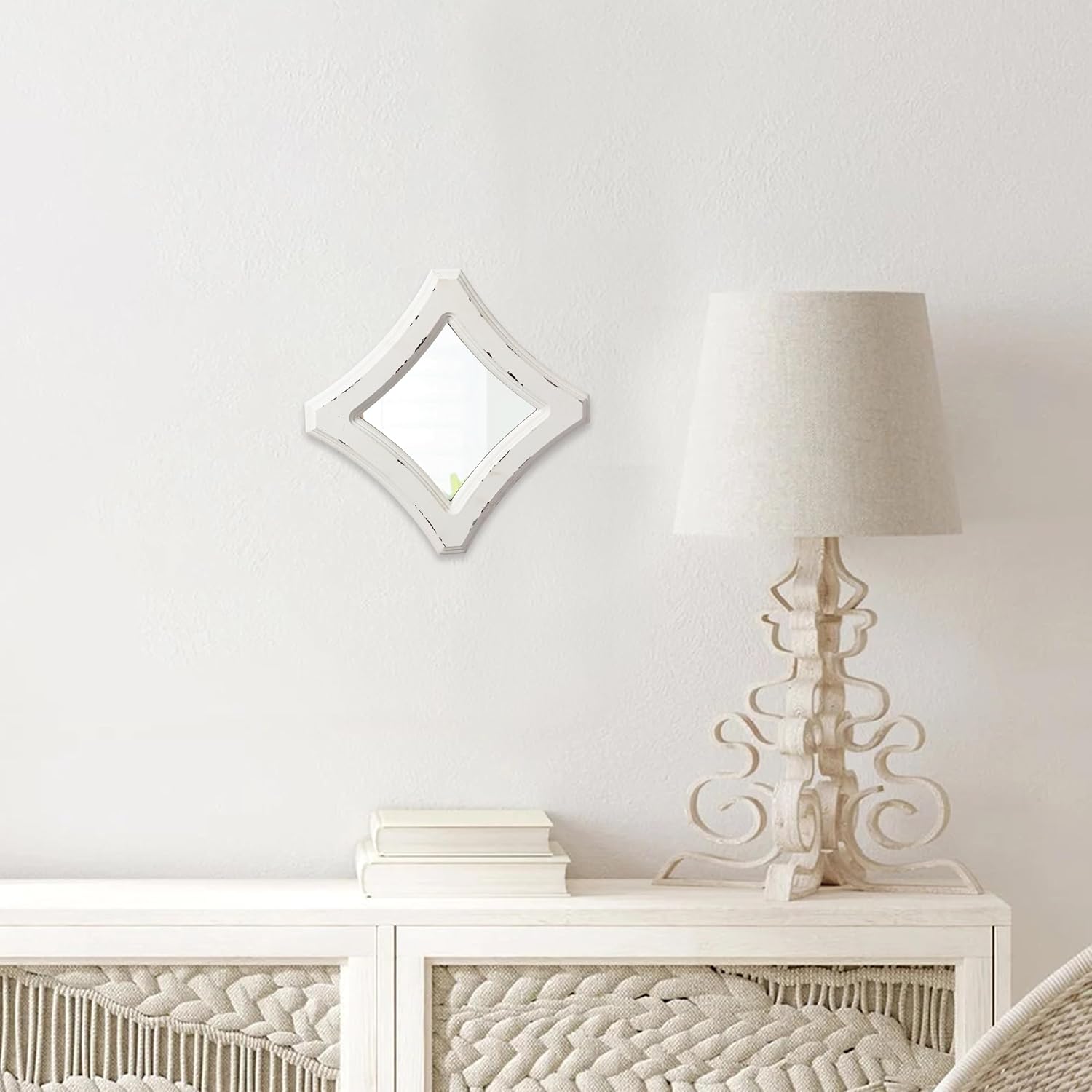 Farmhouse Small Decorative Mirrors for Wall Decor Living Room 7.9 inch, Hanging Distressed White Vintage Wood Frame Bedroom Mirror, Rustic Rhombus Wall Mounted Mirror for Home Decor