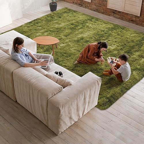 Miniatura 2 de Softlife Alfombra de área para sala de estar, alfombra mullida de felpa de 6 x 9 pies para dormitorio, alfombra de pelo peludo verde teñido anudado
