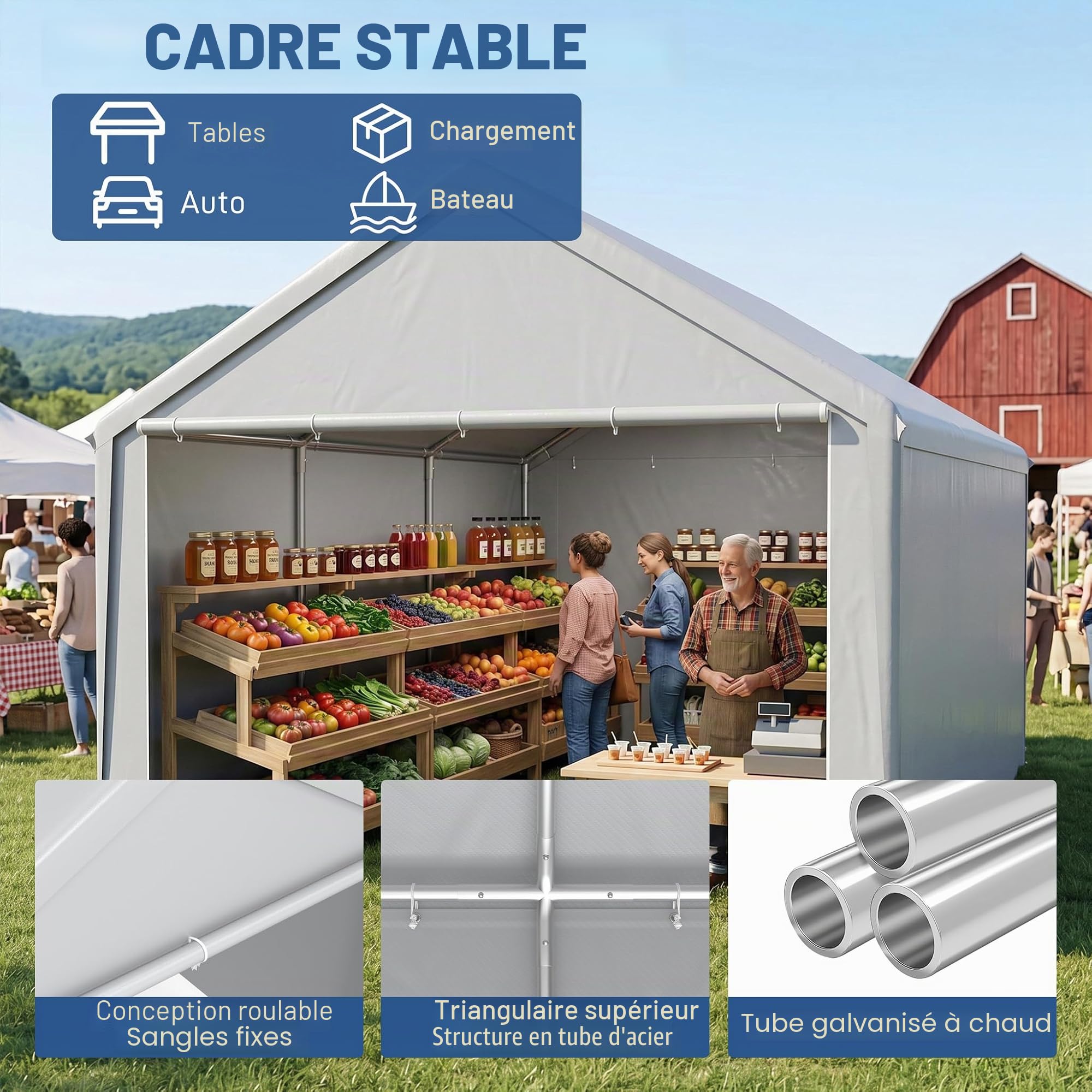 Aufun Carport Garage de tente 4 x 6 m, tente de rangement imperméable avec toit en polyéthylène, tente de garage avec parois latérales amovibles, résistante aux UV, abri d'hiver pour voiture, SUV
