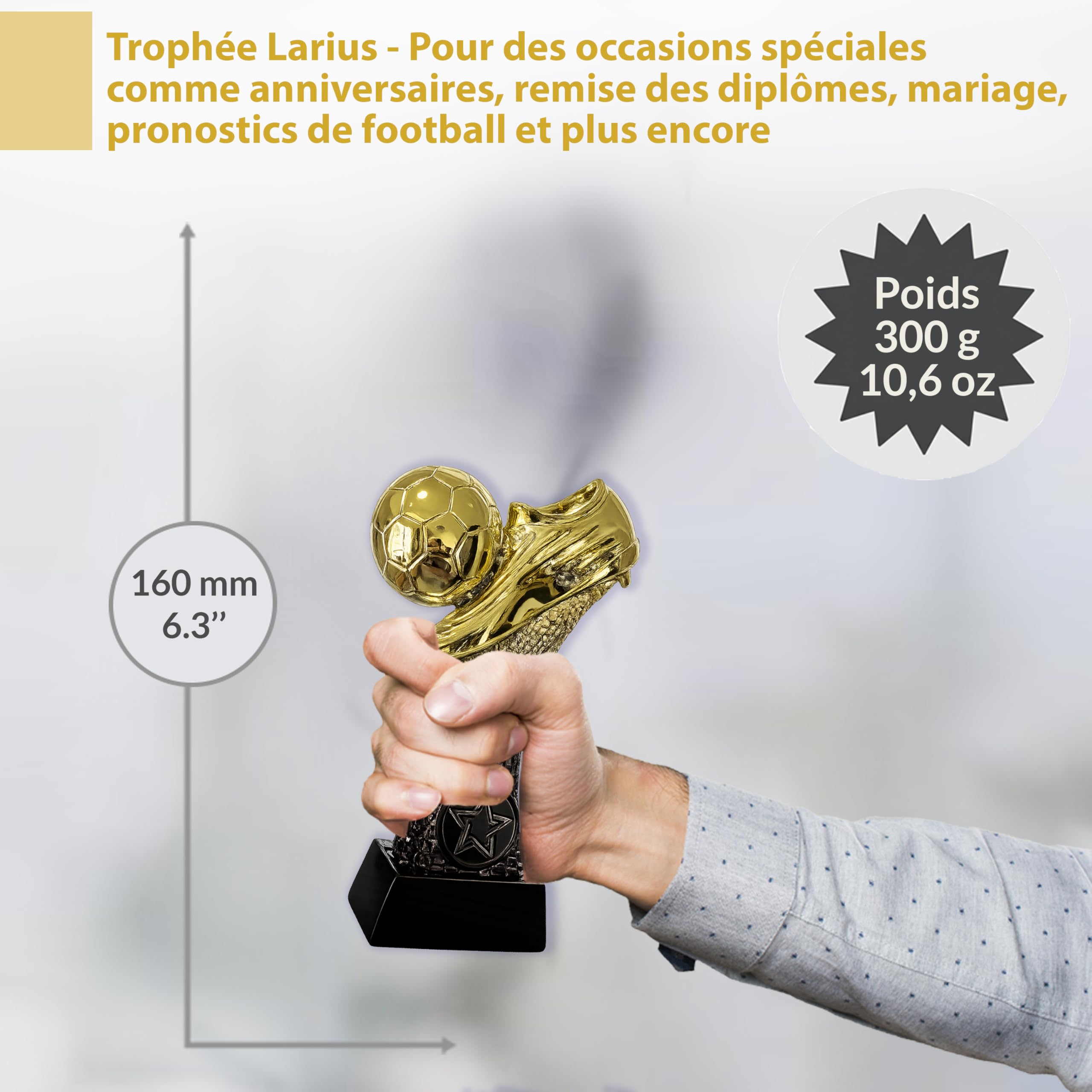 Larius Trophée de football 16 à 21,5 cm (300 à 500 g) - Coupe de vainqueur avec/sans gravure - Coupe de football pour enfants et adultes - Tournoi MVP, récompense - F6