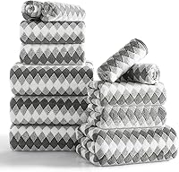 Oliven 12-Piece Gray White Diamond Microfiber Towel Set - 4 Bath Towels, 4 Hand Towels, 4 Washcloths | Soft, Absorbent, Quick-Dry with Hanging Loops