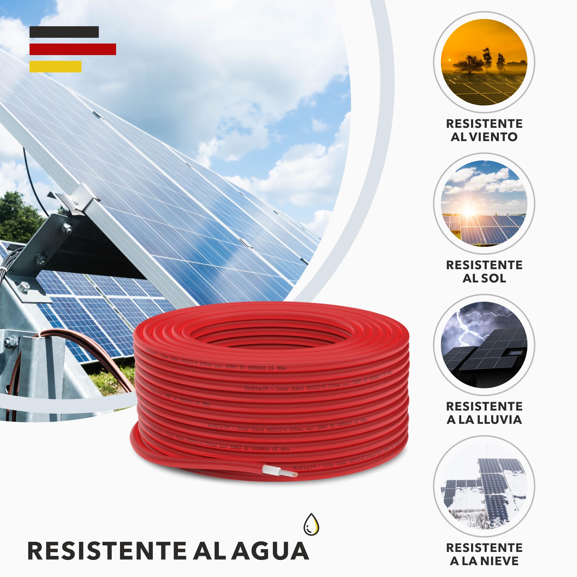 RedStar24 Cable Solar Premium 6mm² Rojo– 10m – Certificado TÜV SÜD – Resistente a rayos UV, flexible – Cable fotovoltaico PV para panel solar, inversor y regulador de carga – Alta durabilidad