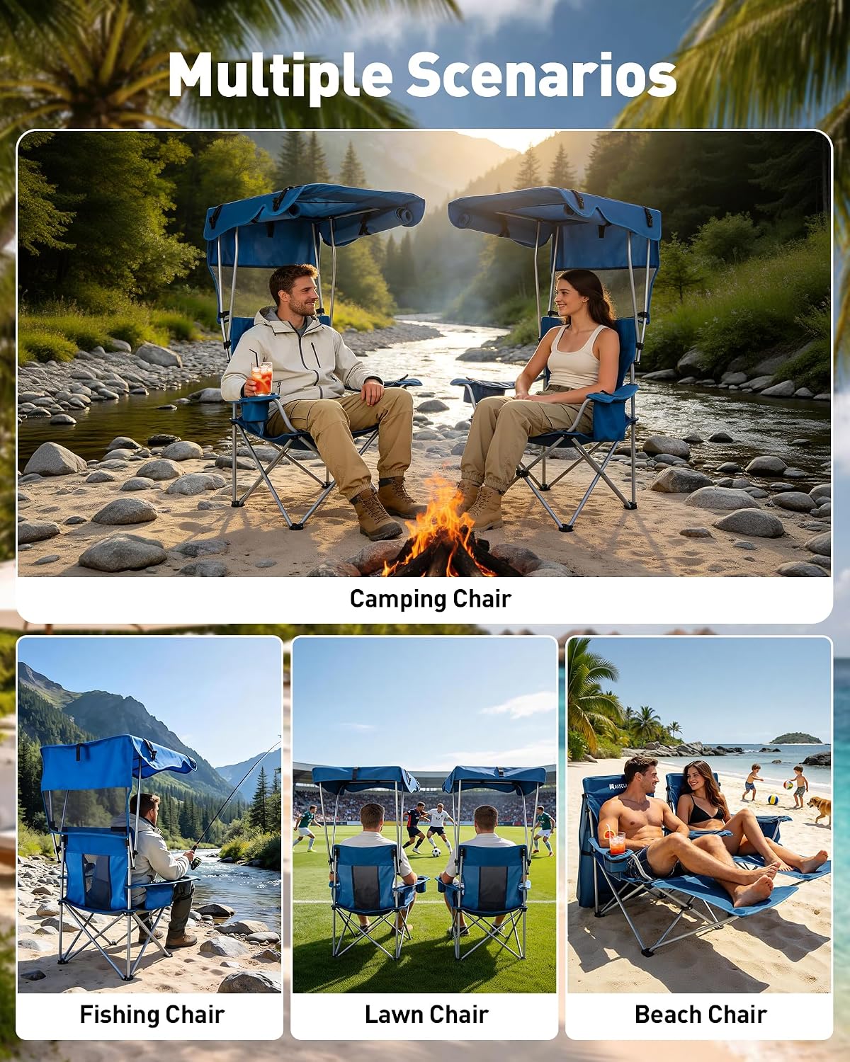 AKSOUL Beach Chair with Canopy Shade: Folding Camping Chair with Umbrella for Adults,Portable Camp Chairs with Cup Holder, Side Pocket for Lawn, Sports, Tailgates, Fishing - Support 330 LBS,Blue