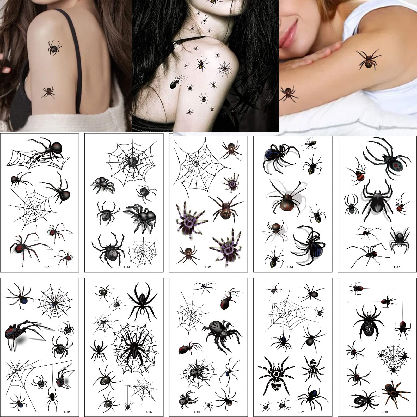 Tatuaggi Temporanei Di Halloween Per Bambini - 10 Fogli Luminescenti Con Ragnatele E Ragni 3D - Facili Da Applicare