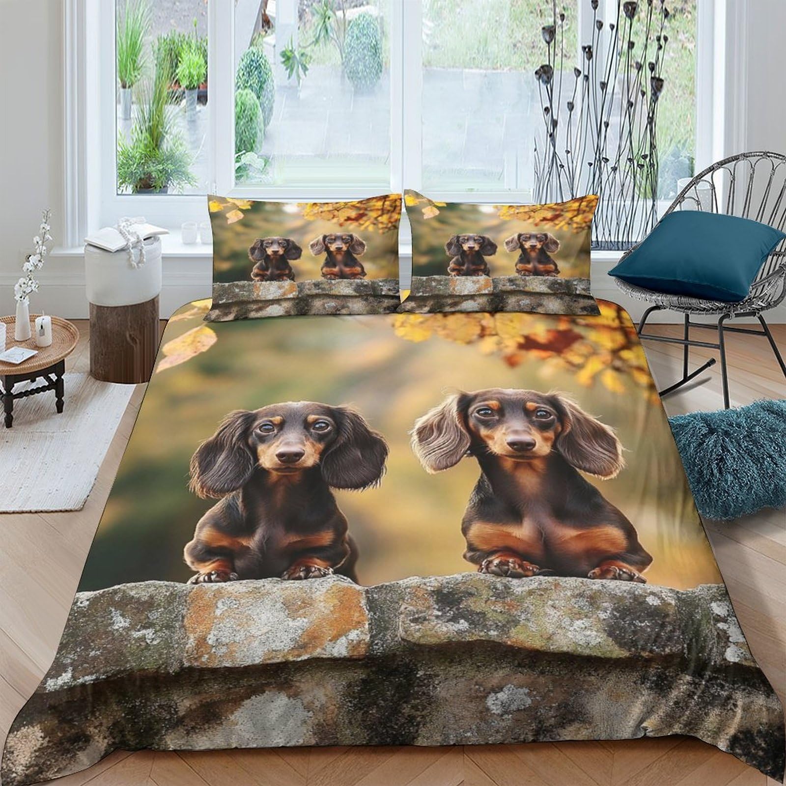 GPLZQXKJNH 3D Printed Dachshund Dog Duvet Cover Microfiber Soft Breathable Autumn Forest Quilt Cover Set with 2 Pillowcases for Bedroom Decor Single（135x200cm）