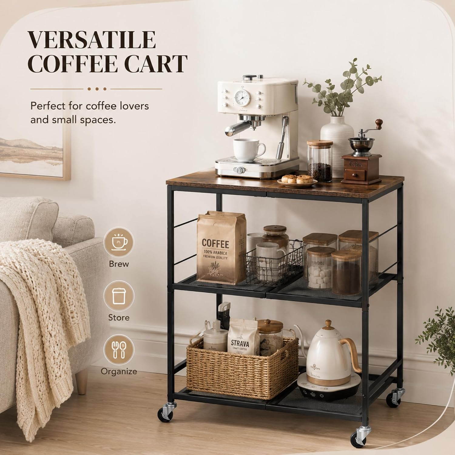 3-Tier Rolling Microwave Cart with Storage Shelf & 6 S Hooks, Microwave Stand for Small Appliances, Kitchen Storage Cart on Lockable Wheels, Coffee Bar Station for Kitchen, Living Room, Office