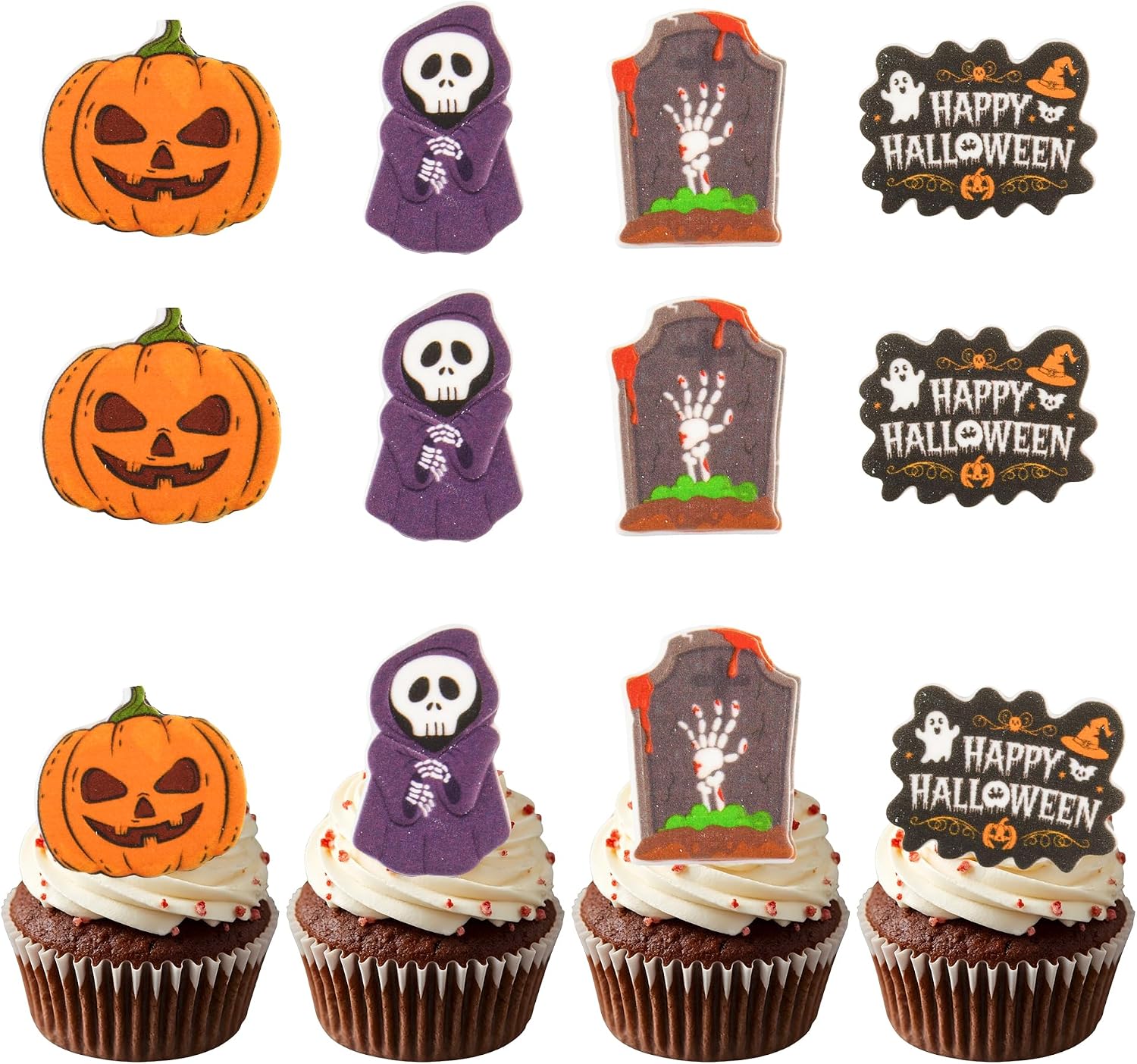 Edible Cake Toppers 16 pcs: Halloween Cookie Decorations, Edible Halloween Card, Pumpkin, Tombstone, Skull Ideal for Cake Decorating, Baking, Cupcakes, Macaron, Ice Cream Topping