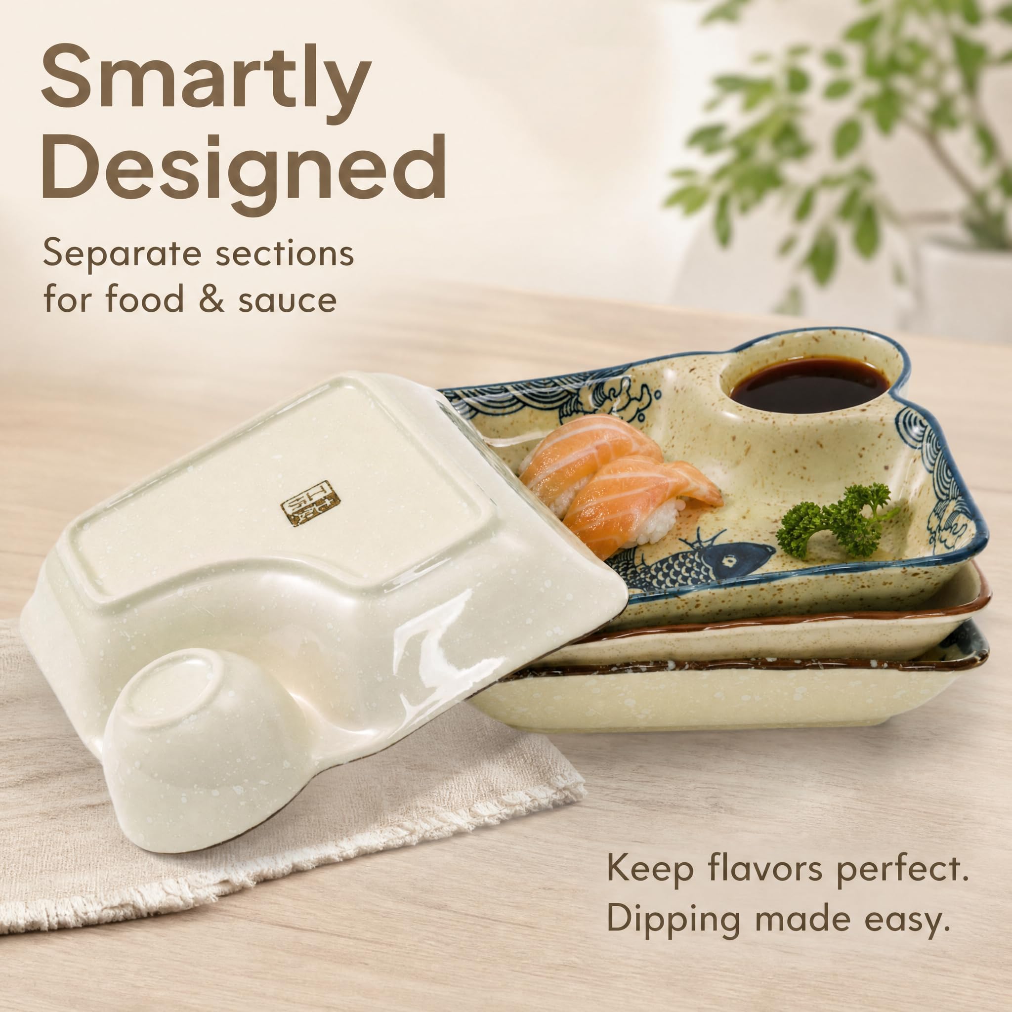 Paquete de 4 platos de cerámica para albóndigas con platillo, plato de sushi japonés de 7.3 pulgadas, plato de patatas fritas y salsa, plato dividido para aperitivos, embutidos, postres
