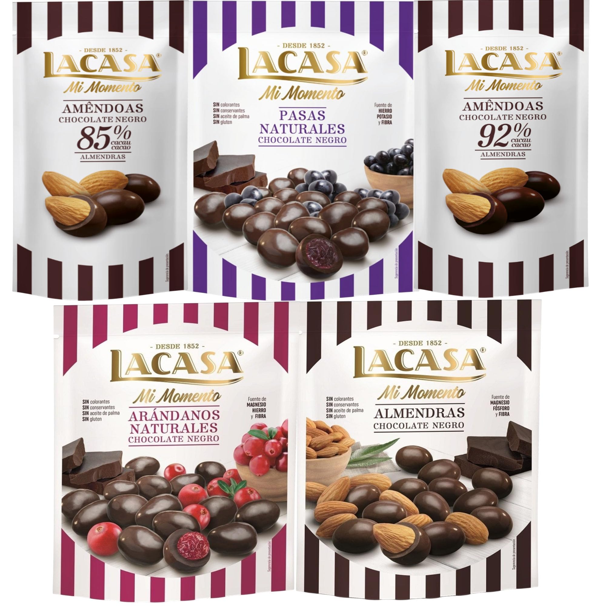 Lacasa Mi Momento pack de 5:Almendra 92% ,Almendra 85% ,Arándano Chocolate Negro ,Pasas Chocolate Negro ,Almendra Chocolate Negro