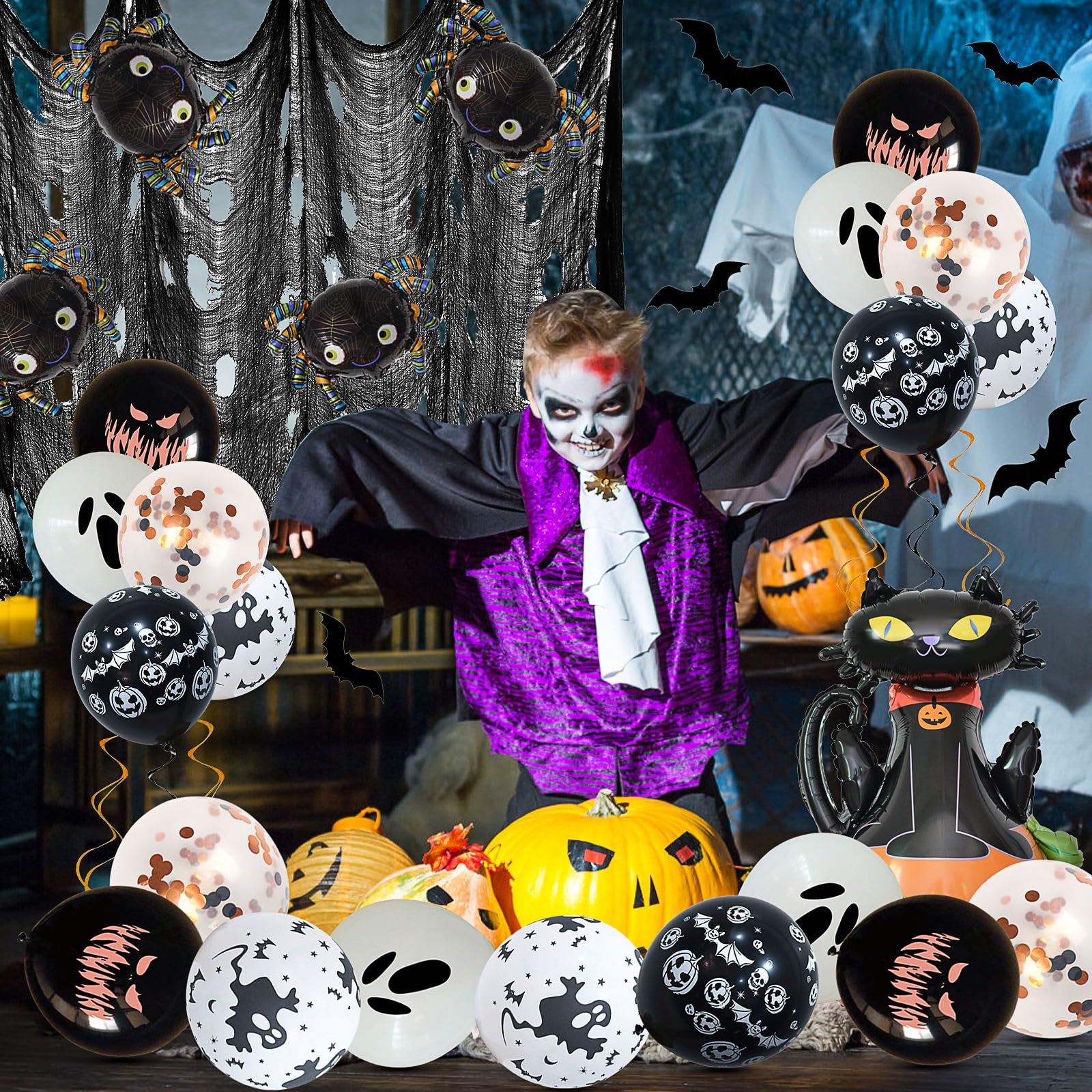 Décorations D'Halloween, Kit De 41 Ballons D'Halloween Avec Chauve-souris 3D, Toile D'araignée, Tissu Effrayant Et Bannière Happy Halloween, Ensemble De Décoration D'intérieur D'Halloween Pour Enfants
