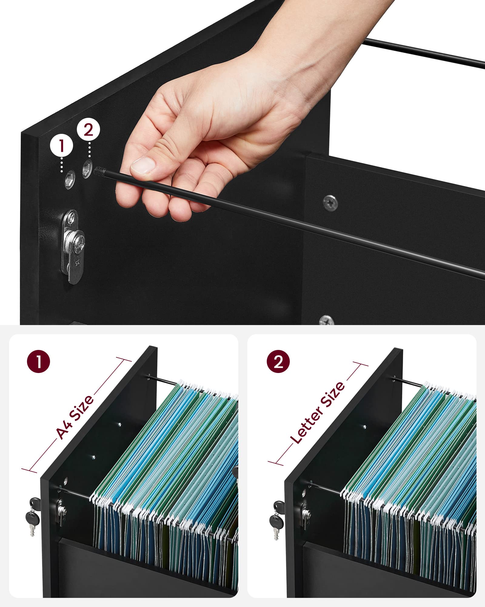 VASAGLE Archivador Móvil con Cerradura, Pequeño Armario de Oficina con 2 Cajones, 5 Ruedas, Barras Colgantes Ajustables, A4, Archivo Colgante de Tamaño Carta, Negro Tinta LCD22BV1