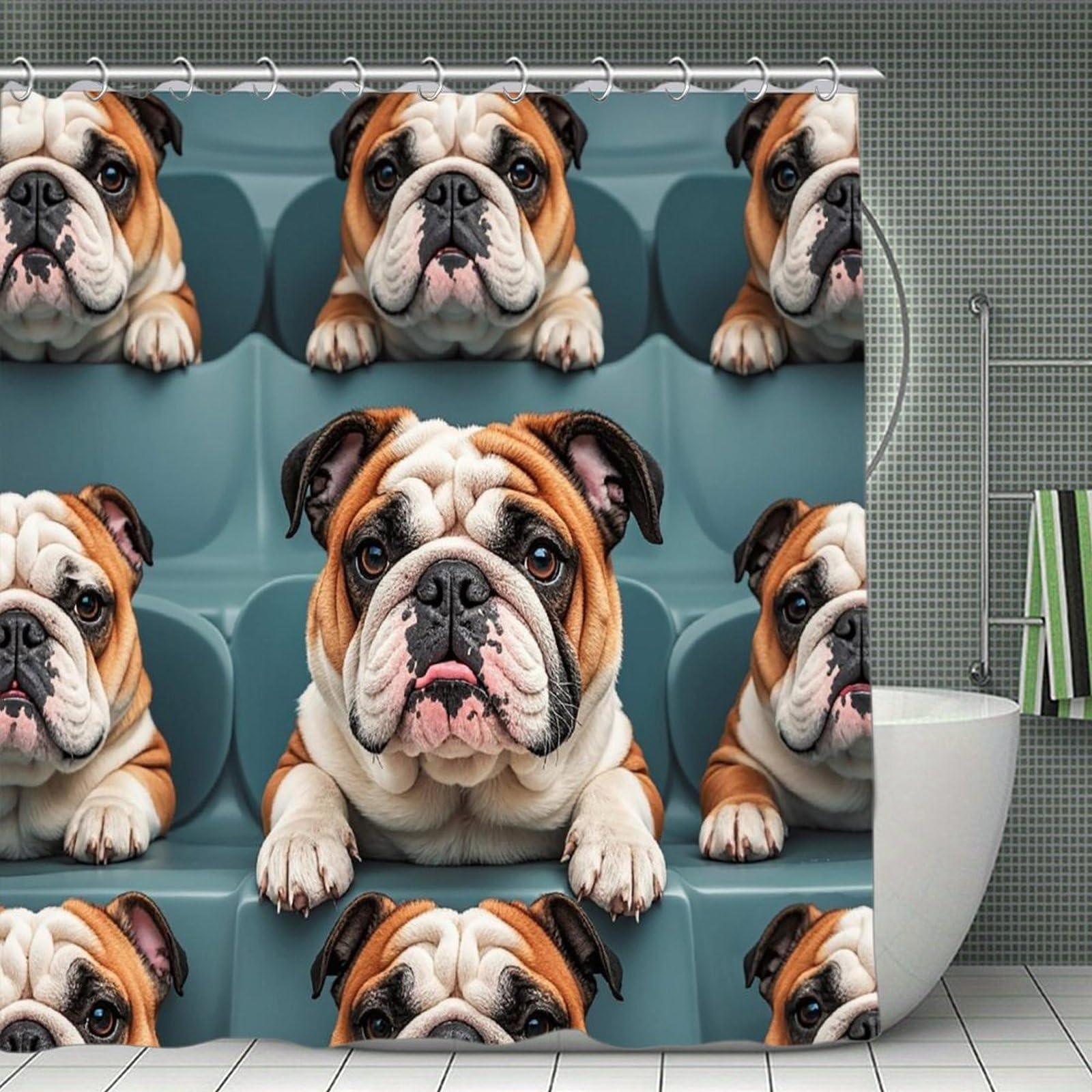 FekiLoot Funny English Bulldog Shower Curtain Minimalist Thick Bathroom Curtain Washable Modern Bathroom Shower Curtain Heavy Duty Waterproof Cloth Bath Curtain with Hooks 70.8"x70.8"