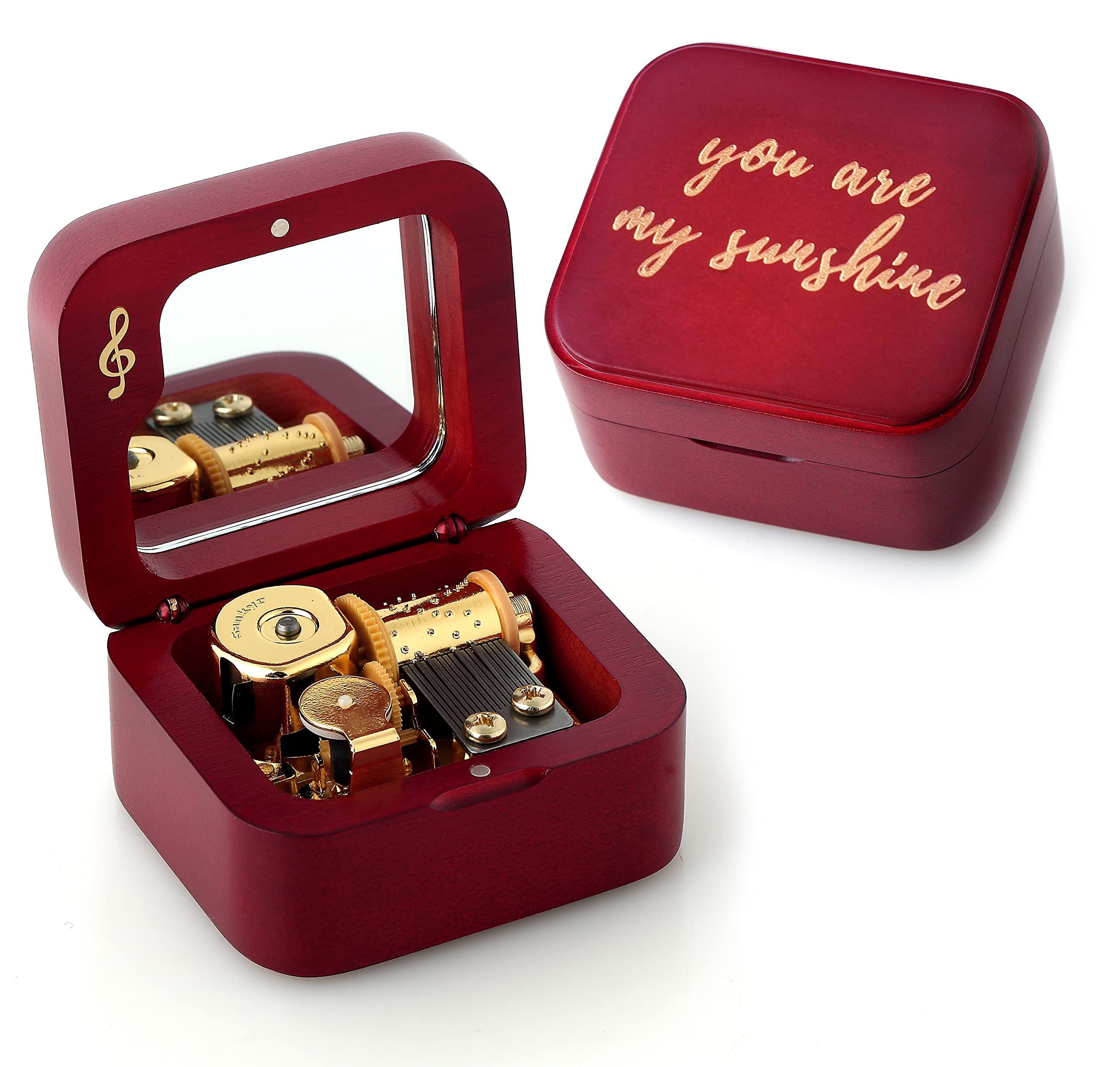 Natural Solid Wood Clockwork Square Note Octave Box with Pause and Play Function, Gift for Birthday/Mother's Day/Children's Day/Valentine's Day/Christmas, Wine-red.