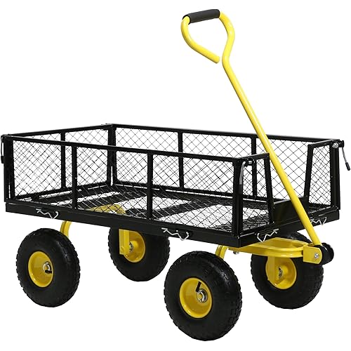 Steel Garden Cart, 2-in-1 Heavy Duty Utility Wagon 900 LBS Capacity Carts with Removable Mesh Sides to Convert into Flatbed, 240° U-Turn 10" Pneumatic Tires Garden Wagon for Lawn Camping Farm Yard