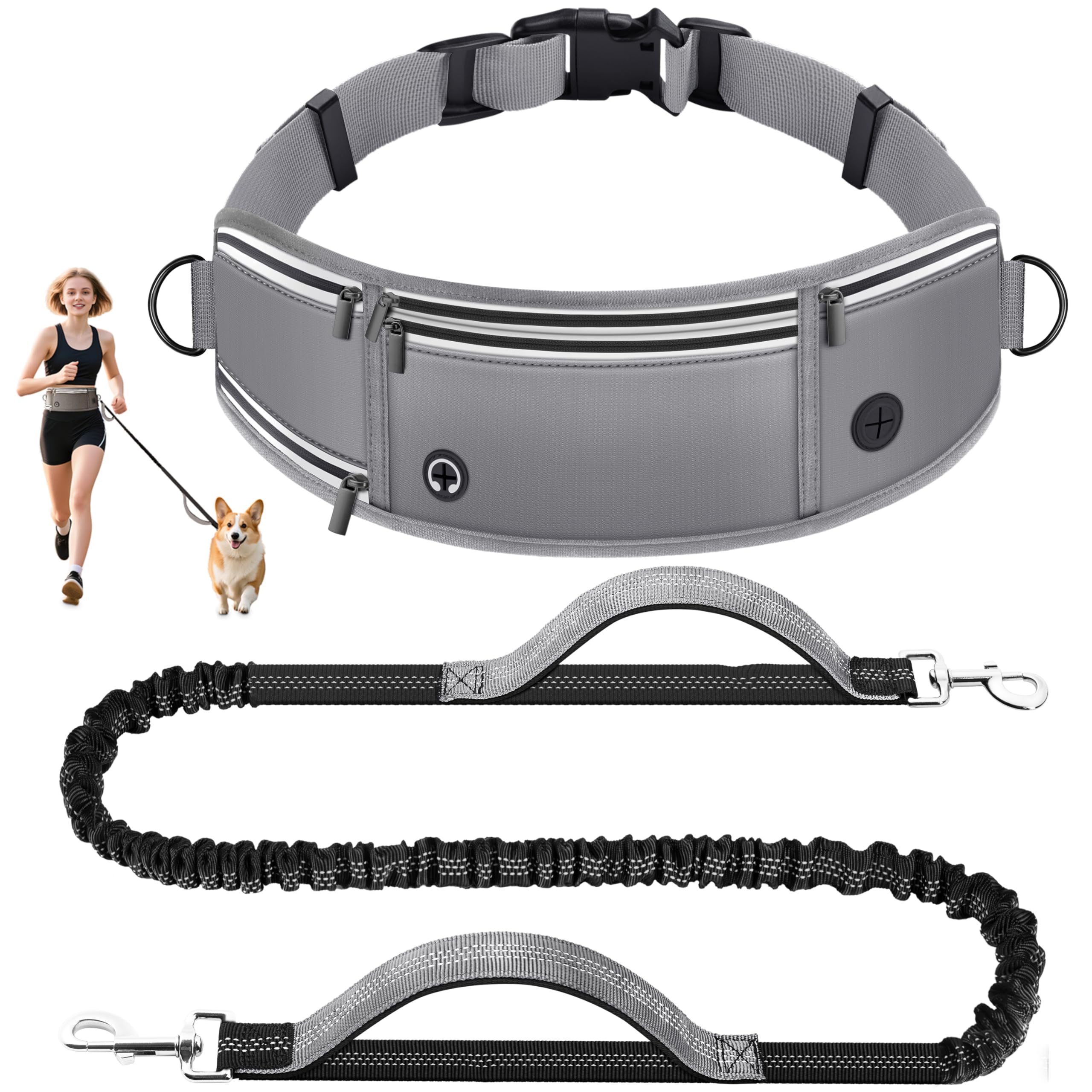 Looxmeer Joggingleine Hunde mit Bauchgurt, Freihändig Hundeleine für Große und Mittelgroße Hunde mit Dual Griffe, Reflektierende Laufleine Bauchgurt Hundeleine zum JoggenLaufen, 1.6-2.2M, Grau