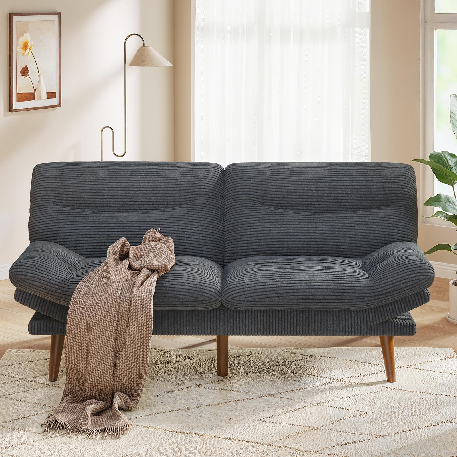 Pipishell 75" Convertible Futon Sofa Bed with Adjustable Armrests, Gray | 3-in-1 Sofa, Recliner and Bed, 3-Position Adjustable Backrests, 5-Level Adjustable Armrests, Corduroy Fabric, Small Space Use