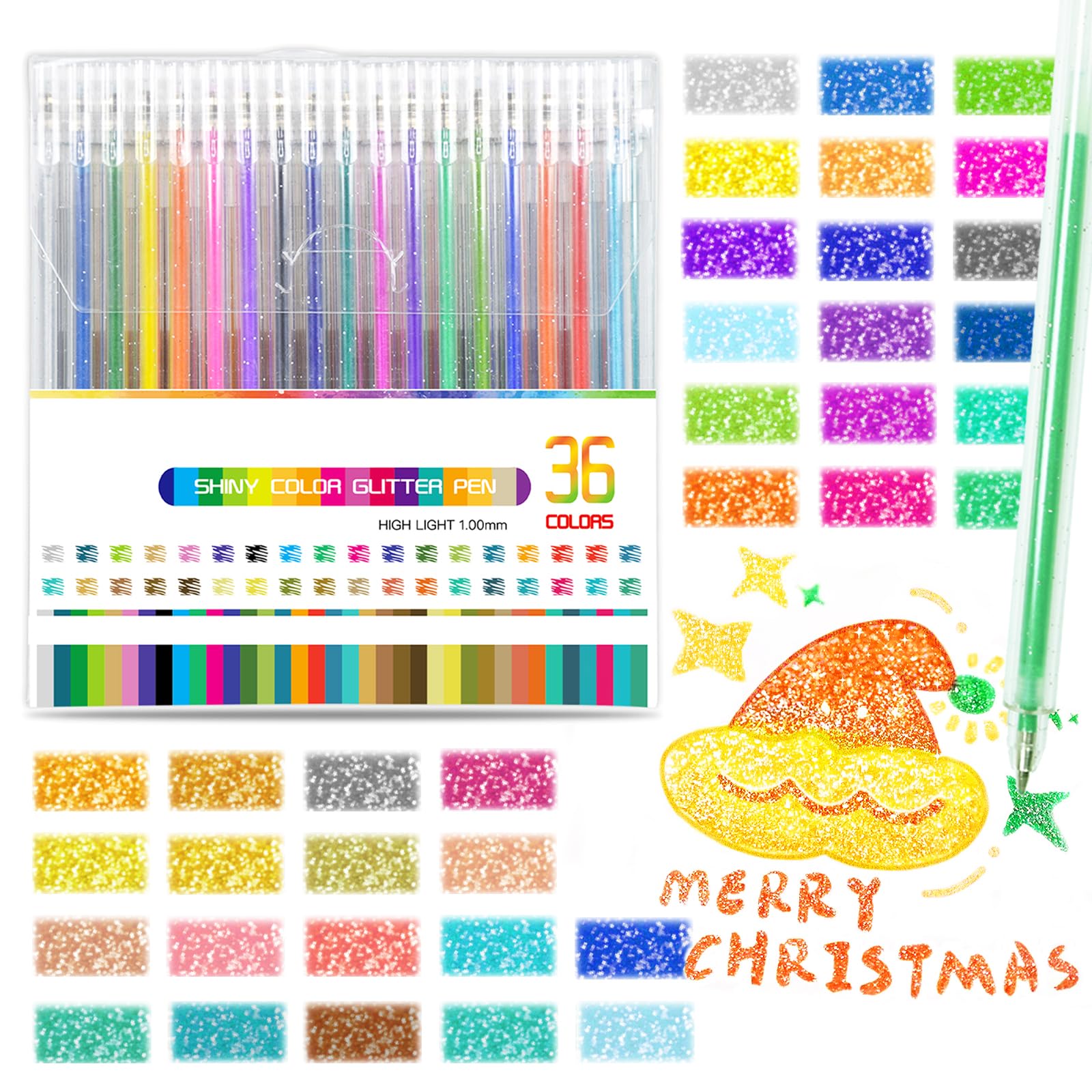 SAYEEC Glitter Gel Pens, 36 Colored Metallic Gel Pens Set, 1.0mm Super Sparkle Gel Ink Pens, Art Glitter Paint Markers for Adult Coloring Books