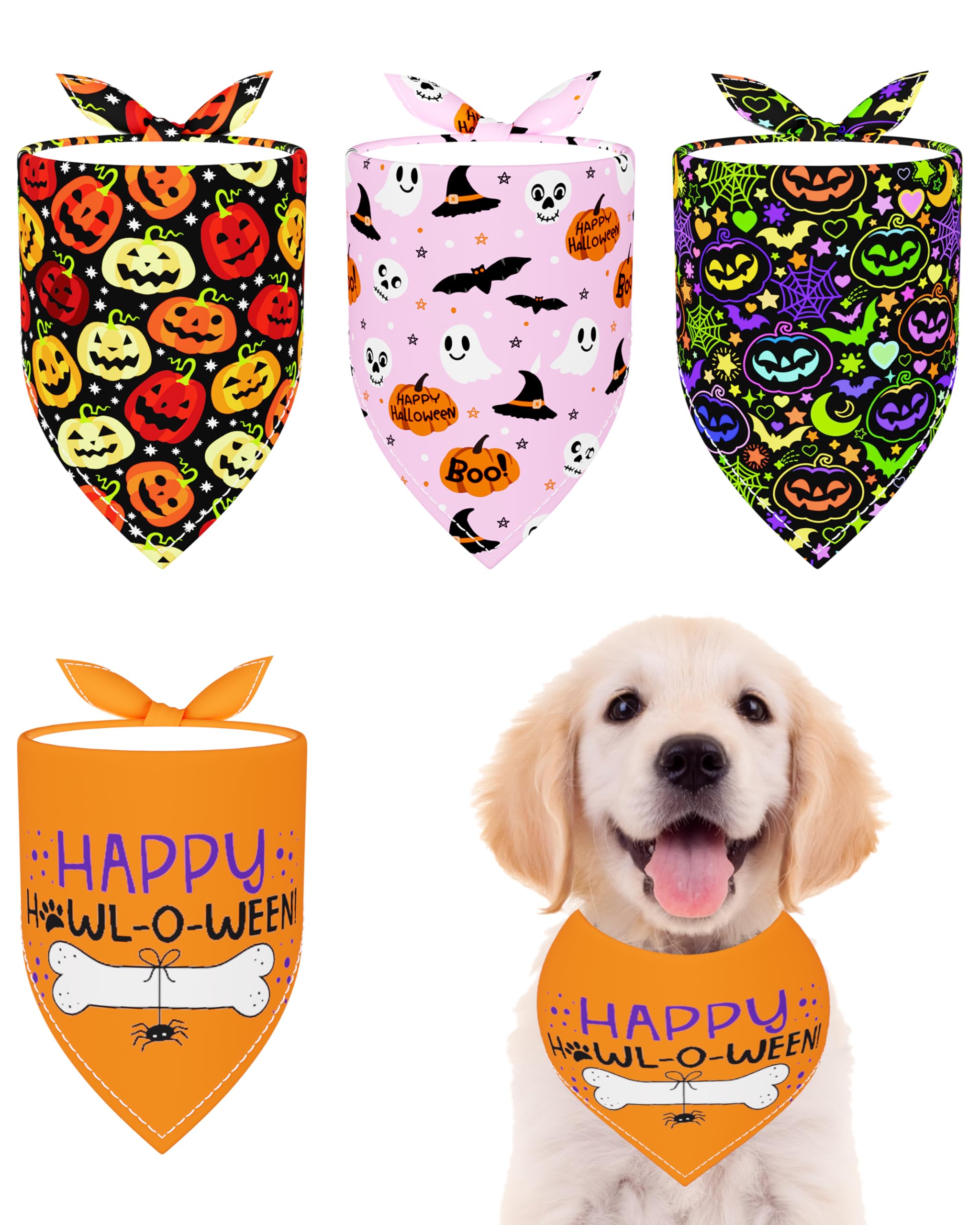 BIPY 4PCS Medium Halloween Dog Bandanas with Classic Pumpkin Bat Pattern
