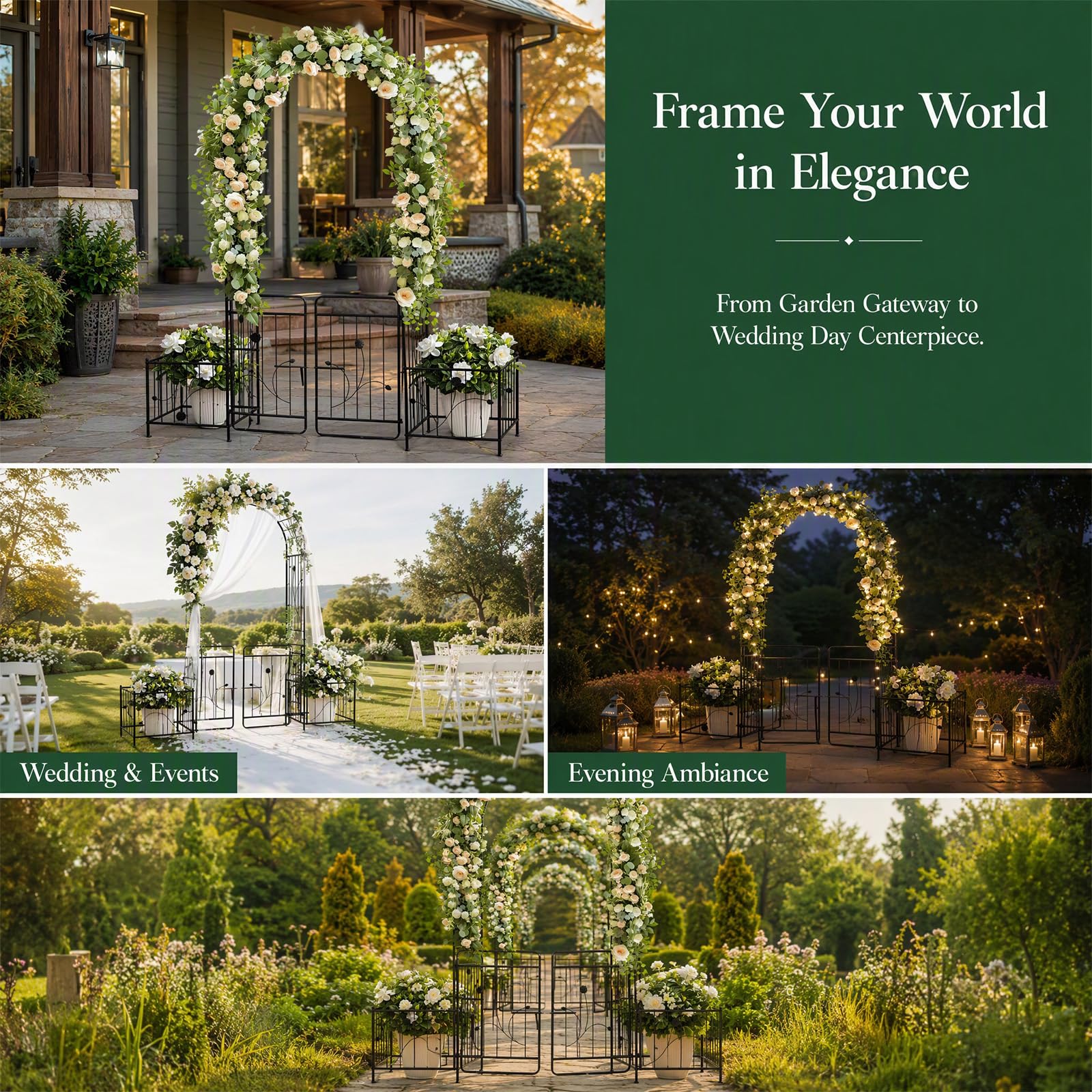 Arco per rose con cancello, 220 cm, in metallo, arco da giardino con