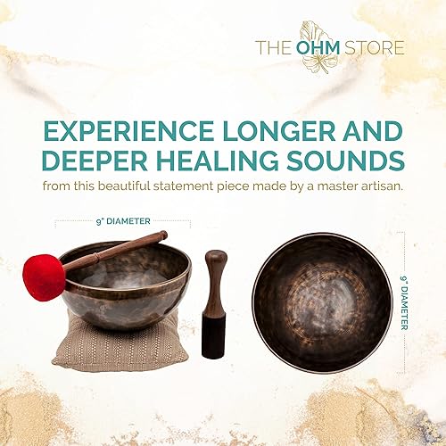 Miniatura 10 de Ohm Store - Juego de cuencos tibetanos grandes para meditación de tono profundo, tono puro, martillado a mano en Nepal, el cuenco Sunset Bowl de 6.5