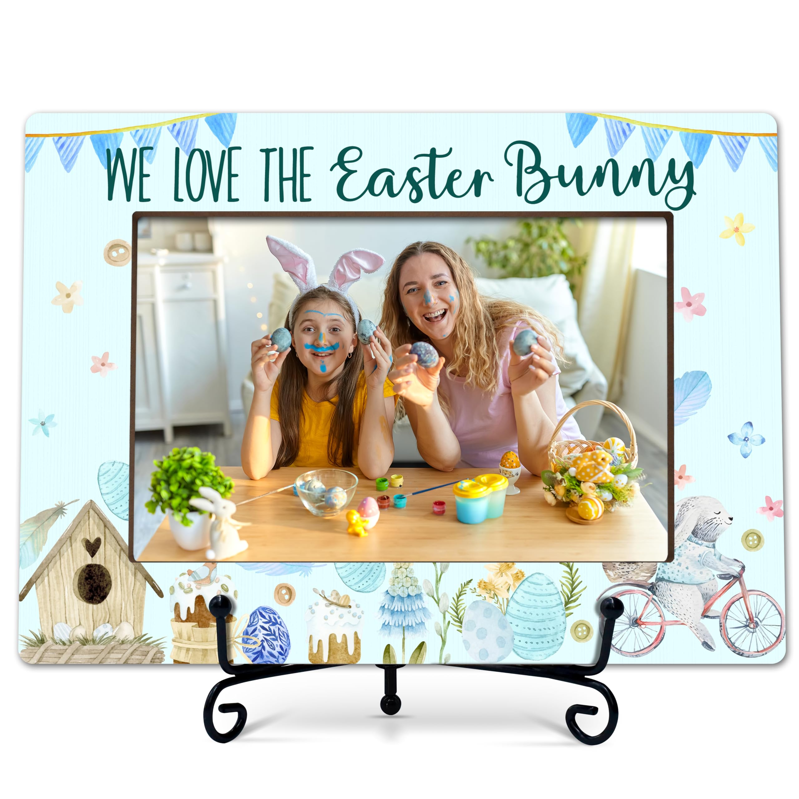 Easter Photo Frame, We Love The Easter Bunny , Blue Wooden Tabletop Photo Frame With Stand, Spring Easter Gifts For Friends Family And Colleagues, For