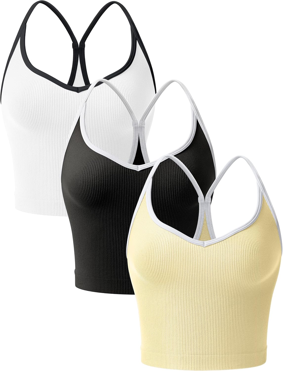 OLCHEE Womens 3PK Crop Tank Tops Seamless Ribbed Sweetheart Neck Racerback Spaghetti Straps Contrast Trim Workout Yoga Cami