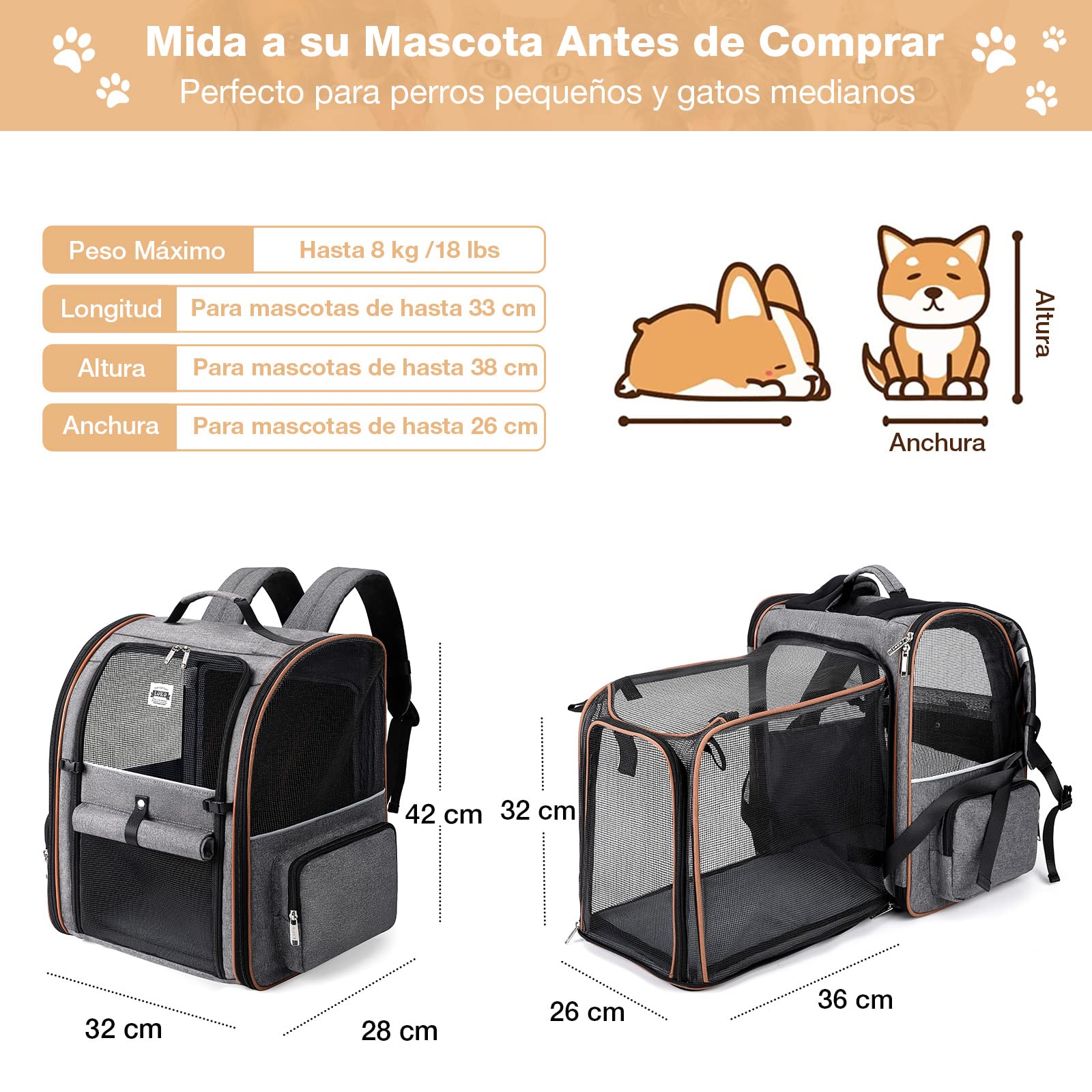 Transportin Gato Extensible con 4 Entradas | Mochila Transpirable - Transportin Perro Pequeño con Arnés Interno - Carga Máxima 8kg - Impermeable - Gris