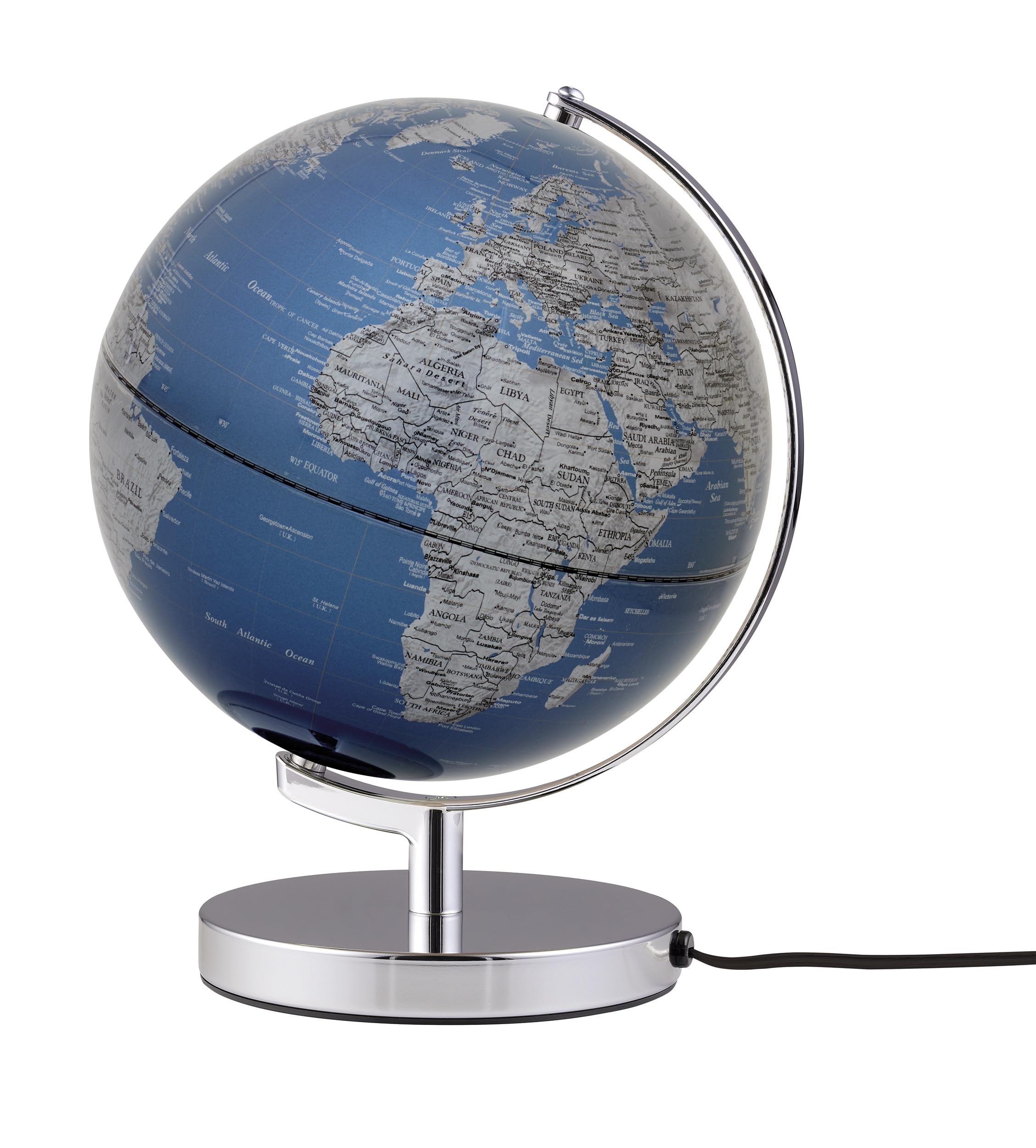 TROIKA Globus beleuchtet Ø 25 cm TERRA LIGHT Licht LED Globus metallic blaue Meere & silberne Landflächen, verchromter Metallfuß, weicher Filzboden bewegliche Achse - ideal zum Verschenken