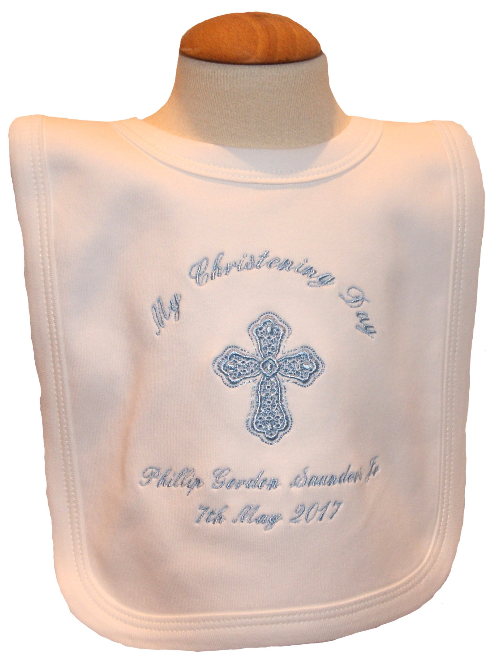 Baby’s Personalised Christening/Baptism/Naming Day Cross Bib (Blue)