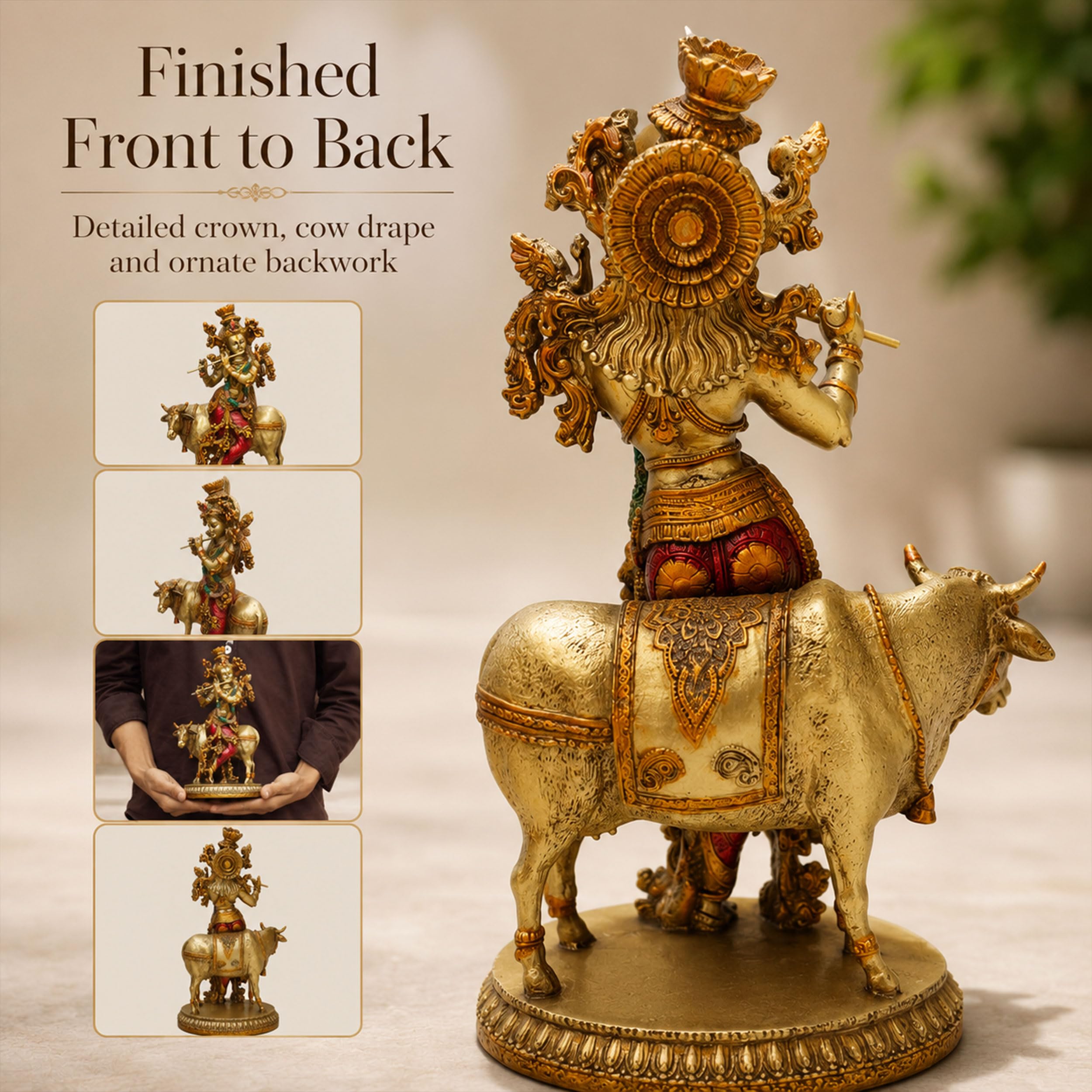 Govinda Gopala Statue, Lord Krishna and Cow Idol Showpiece, 10 Inch Double Coated Resin Antique Decorative Murti for Home Temple, Pooja Room & Gift — photo — 5 of 8