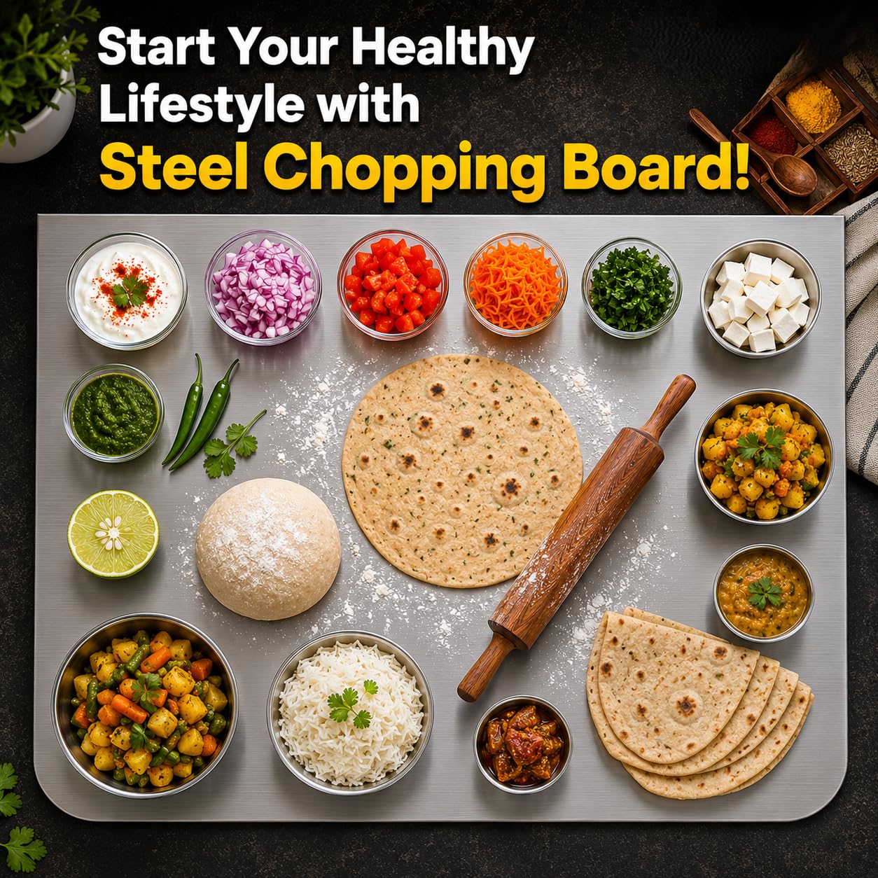 Stainless Steel Chopping Board Large (42 cm x 30 CM), Steel Chopping Board for Kitchen Large,(with Rolling Pin) Rust-Proof Cutting Board with Anti-Countertop for Meat and Vegetables(Platform Medium) 3
