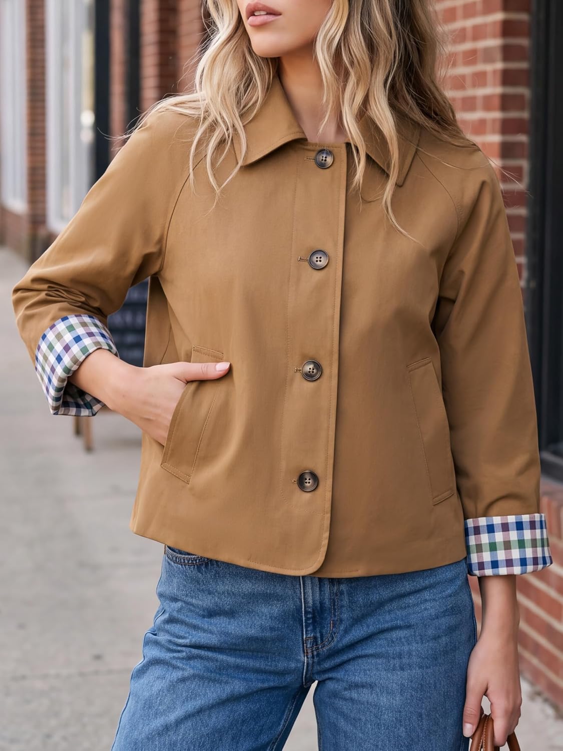 Womens Cropped Trench Coat Plaid Lining Button Down Casual Jacket