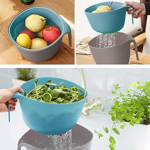 Miniatura 6 de Colador 2 en 1 con colador de mango largo y tazón para mezclar, cesta de lavado de frutas y verduras, colador de doble capa, parte inferior