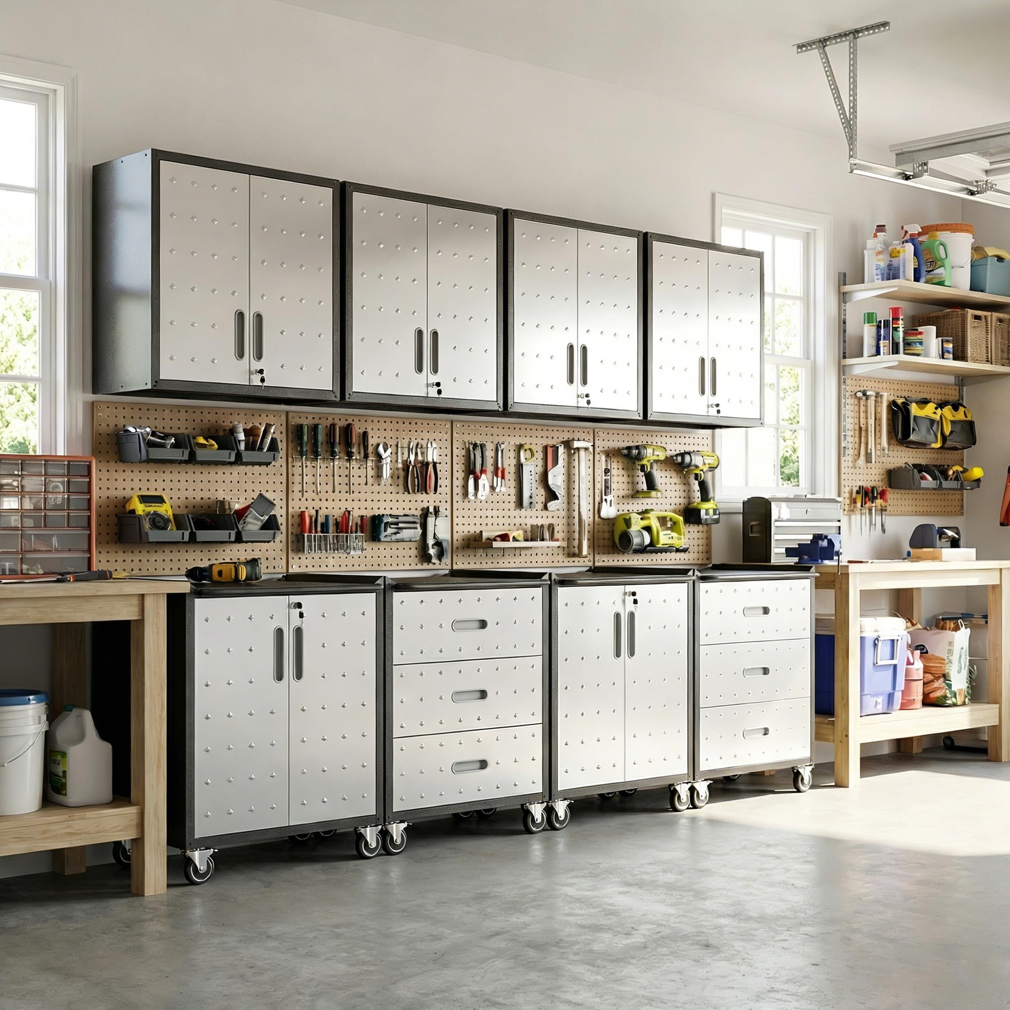 Garage Cabinet System | Heavy Duty Steel All-in-One Modular Garage Cabinet Set for Ultimate Workshop Organization | Easy Assembly Garage Storage Cabinets &amp; Tool Bench