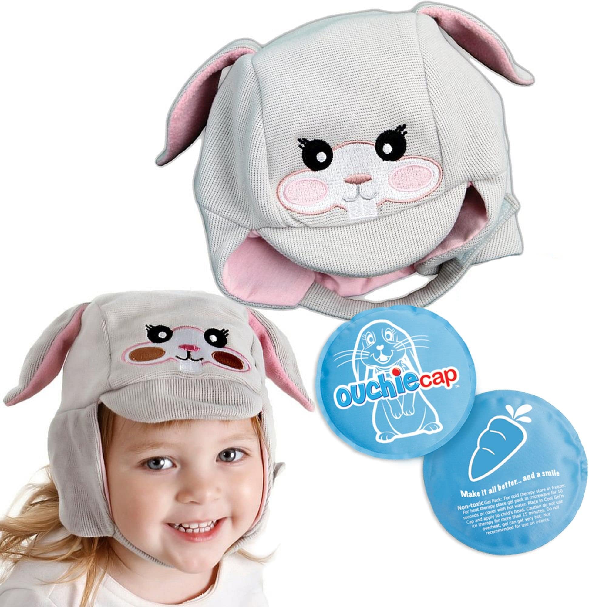 Ouchie Cap Wearable, Hands-Free Hot Cold Gel Pack First Aid Cap for Kids, Hot Cold Therapy Pain Relief Hat for Children, Great for Bumps, Bruises, Fever and More, Tulip The Bunny, 1 Gel Pack