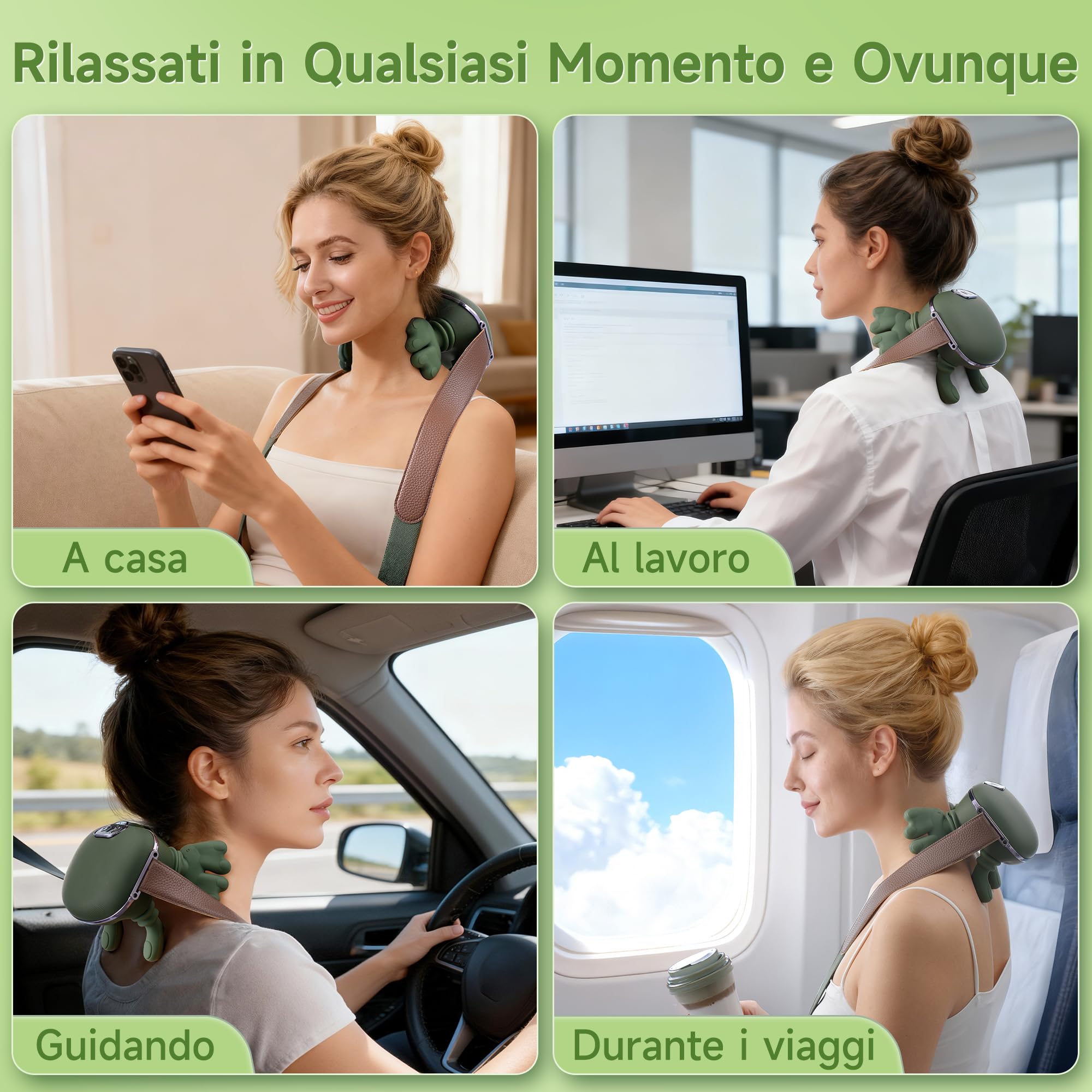 Massaggiatore Cervicale 4D a Mano Bionica, Massaggiatore Schiena e Collo Elettrico con 3 Livelli di Intensità e 2 di Calore, Massaggio Profondo per Muscoli Tesi, Allevia Dolori e Affaticamento (Verde)